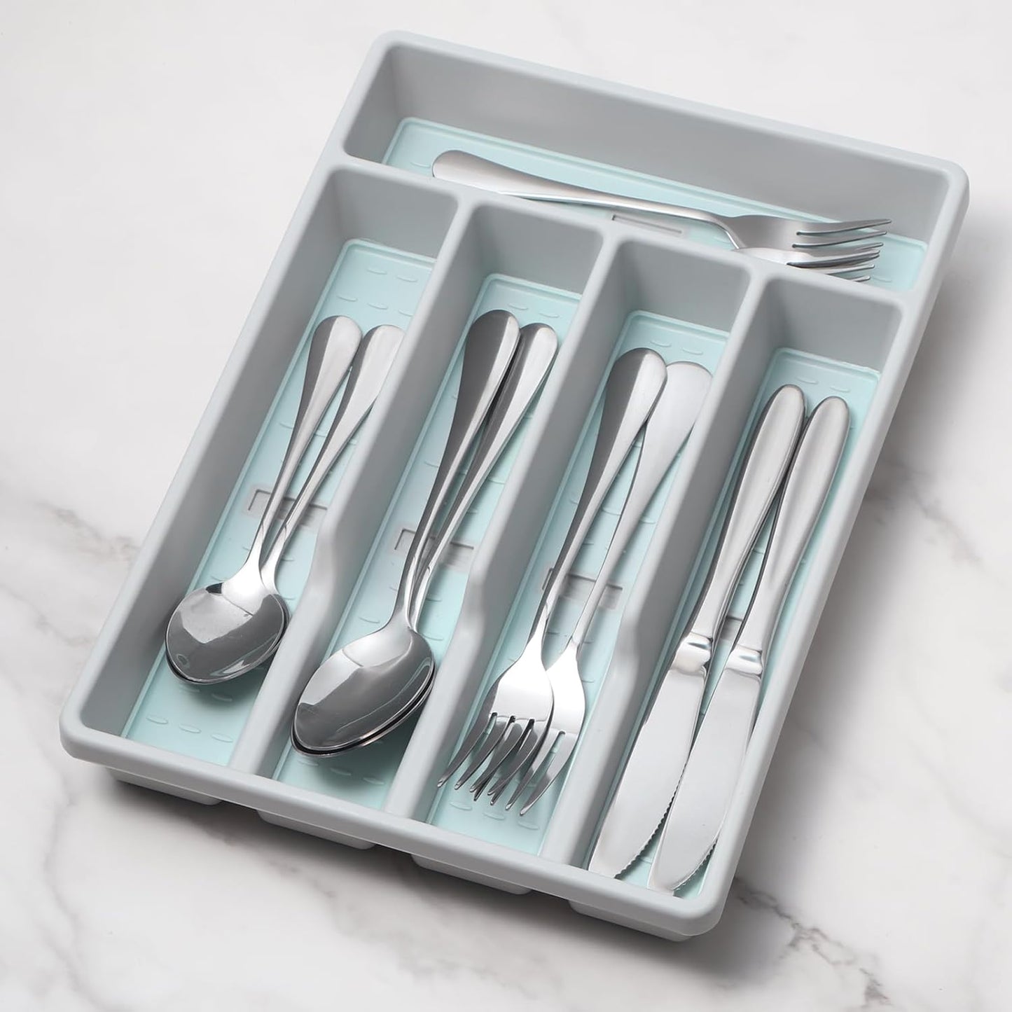 Silverware Organizer with Cutlery Icons，Silverware Tray for Kitchen Drawer，Flatware Tableware Cultery Drawer Organizer Utensil Organizer with Non-slip TPR Linings，Kitchen Organization Essentials