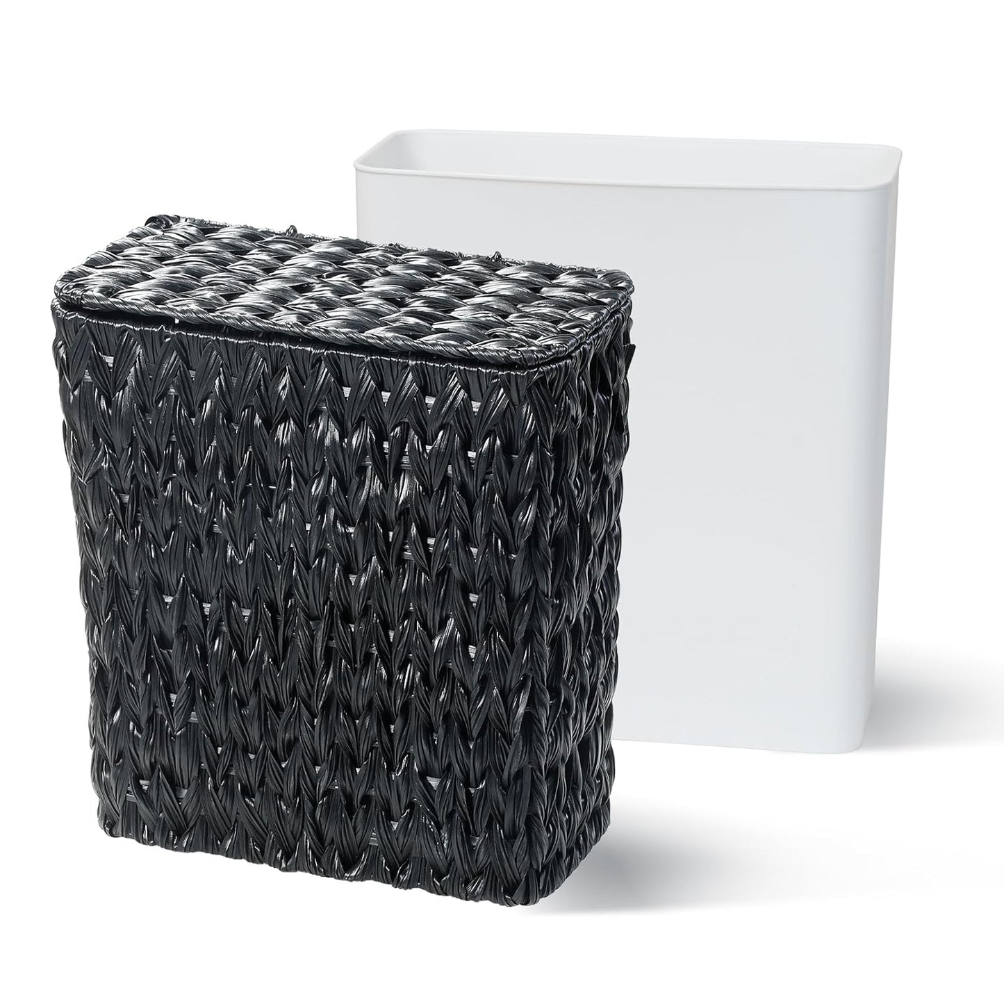 Black Wicker Trash Can with Lid and Liner,Waterproof Narrow Waste Basket for Bathroom,Bedroom,Office,3 Gallon