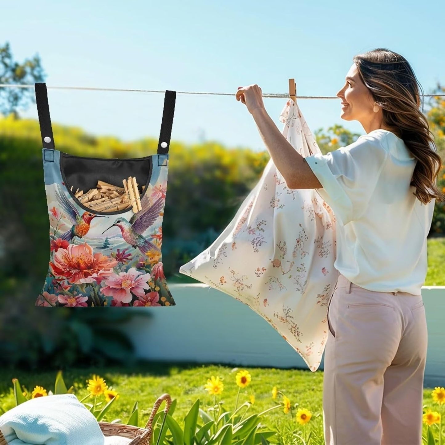 Hummingbird Hibiscu Large Capacity 14.5 x 12 Inch Clothespin Bag with Hanging Hook Waterproof Clothes Pin Hanging Bags Clothespin Storage Organizer with Large Opening