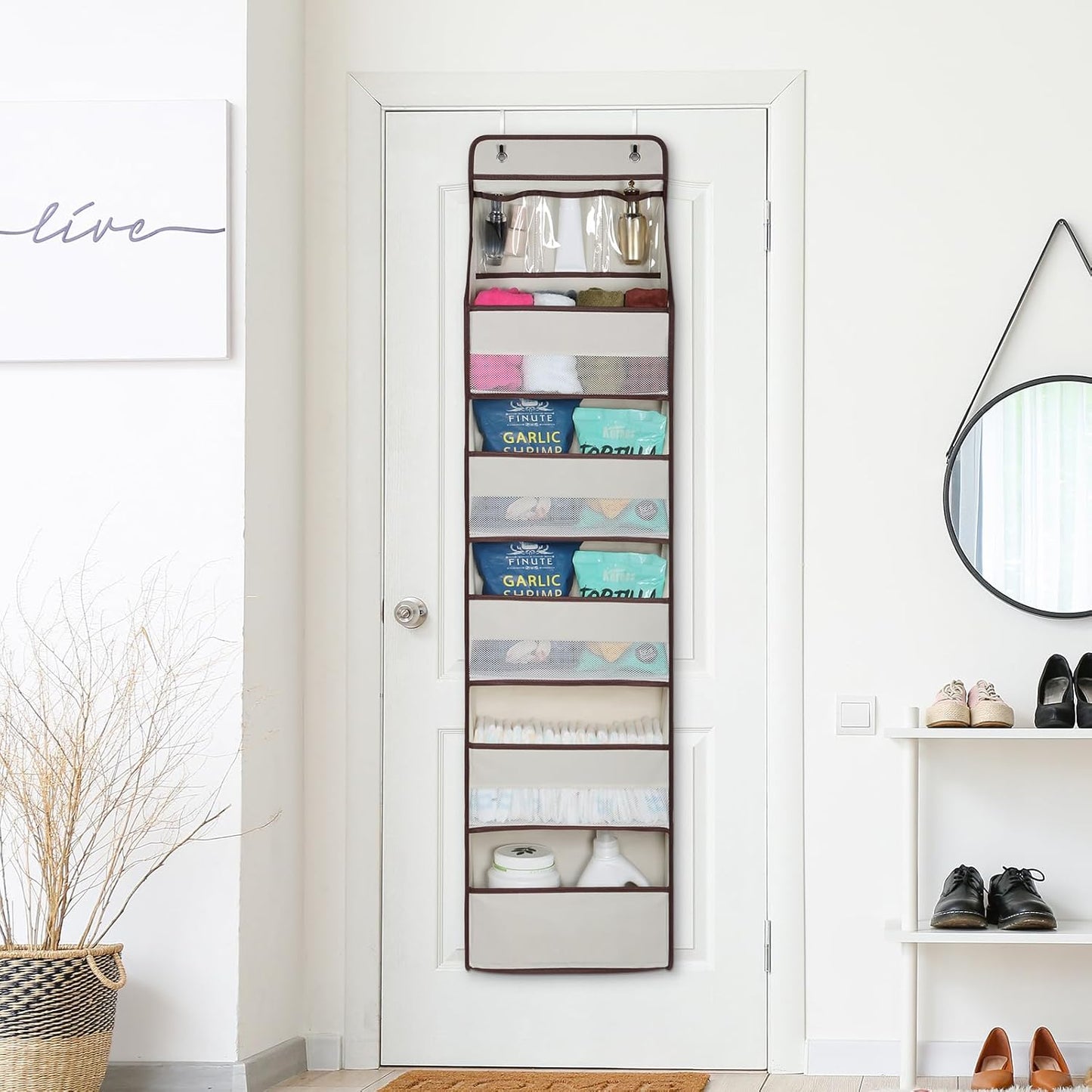 Univivi 6-Shelf Over Door Hanging Organizer Fabric Baby Door Storage with 5 Large Pockets and 3 Small PVC Pockets Wall Mount Hanging Storage Organizers for Baby Essential (Beige)
