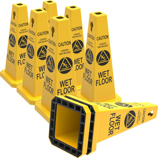 Plastic Traffic Cones, 4-Sided Message Cones, Road Safety Parking Cones, Standing Traffic Warning Signs for Cleaning Area, Garage, No Entry (8, Caution Wet Floor, Large)