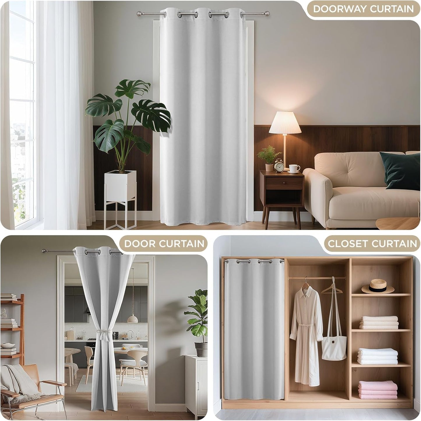 Joydeco Blackout Door Curtain for Doorway Privacy 96 Inches Long, Grommet Closet Curtain for Open Closet, Room Divider for Bedroom Living Room (Greyish White 52Wx96L, 1 Panel)
