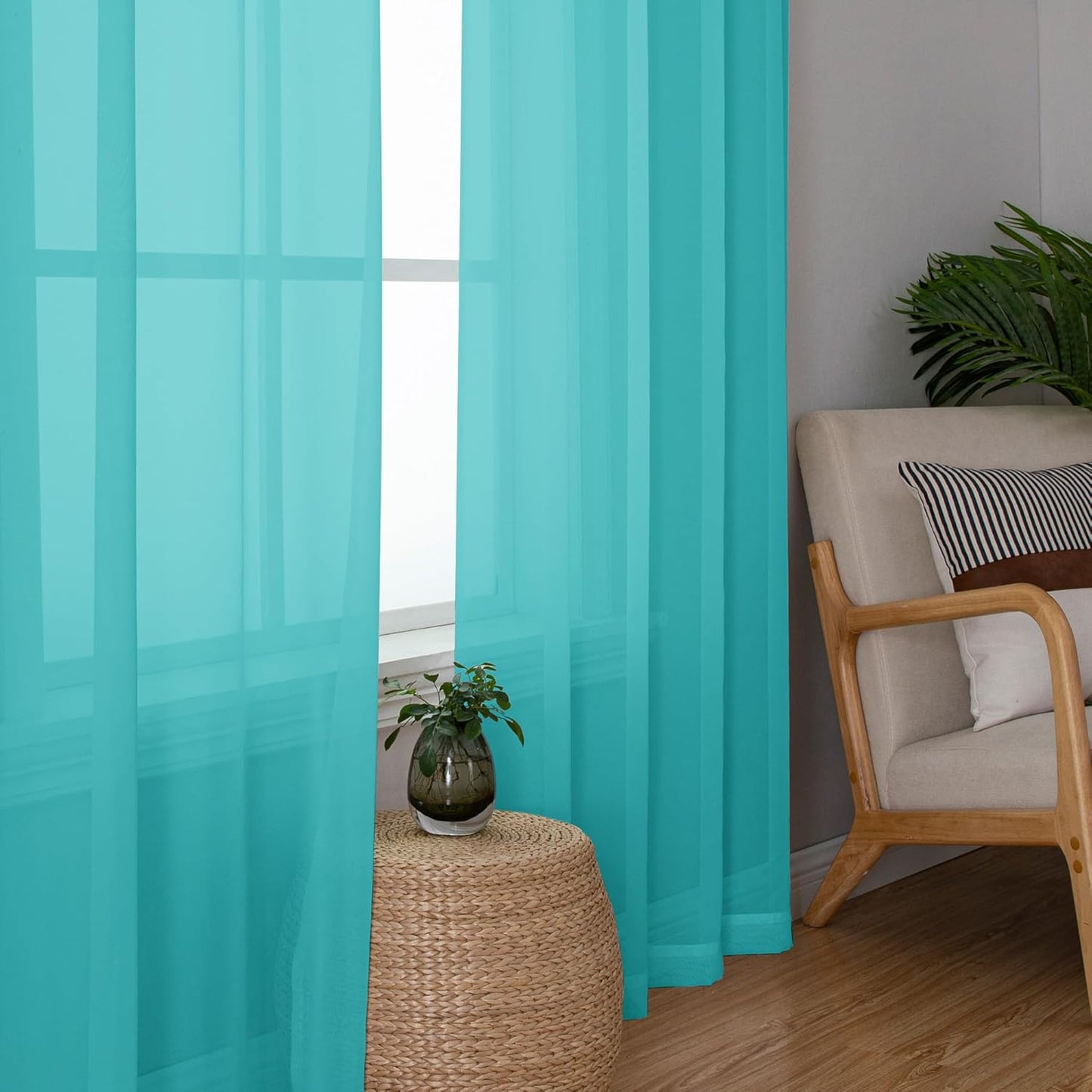 Chyhomenyc Turquoise Sheer Curtains 54 Inch Long 2 Panels, Light Filtering Rod Pocket Voile Short Curtains Drapes for Living Room Bedroom Small Windows, 42Wx45L Inches