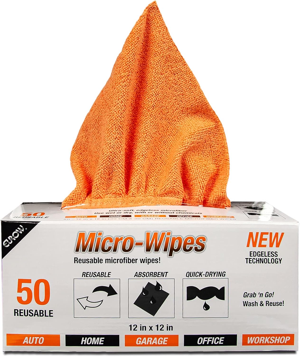 Eurow 200GSM Microfiber Cleaning and Drying Cloths with Dispenser Box, Reusable, Streak-Free, Scratch-Free, Ultra Absorbent, Edgeless for All Surface Types, 12x12in, 50-Pack, Orange