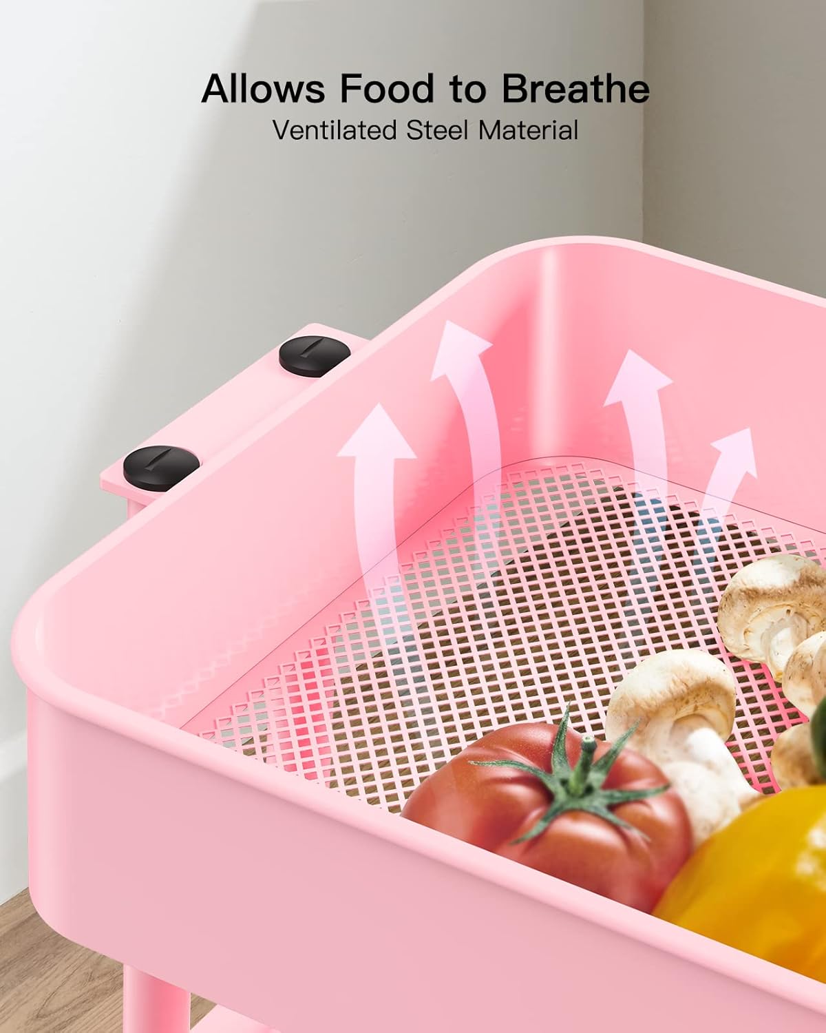 Pipishell 3-Tier Metal Rolling Utility Cart, Heavy-Duty Storage Cart with 2 Lockable Wheels, Multifunctional Mesh Organization Cart for Kitchen Dining Room Living Room (Pink)