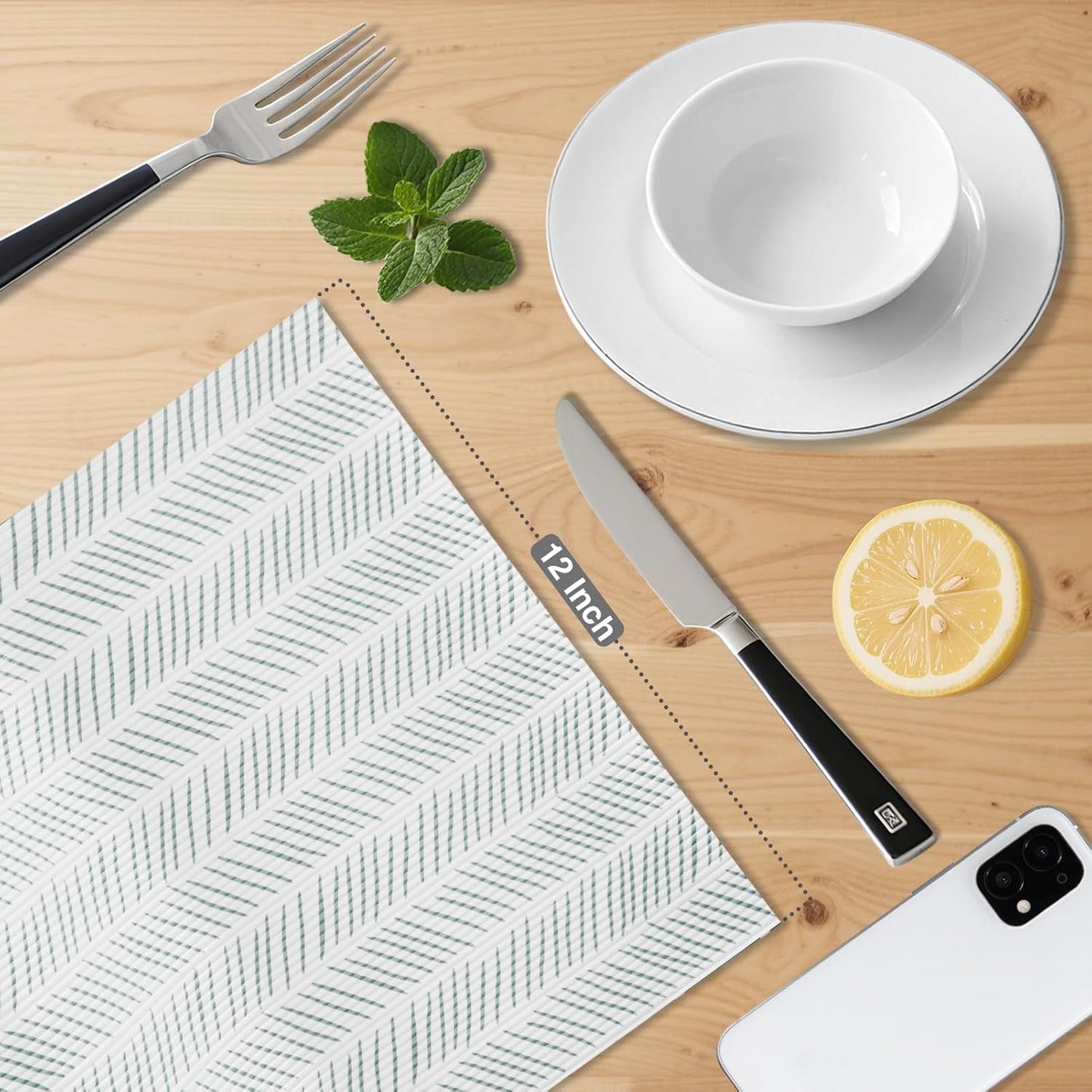 Glotoch Non Adhesive Shelf Liners for Kithchen Cabinets,Non Slip Waterproof Drawer Liners for Dresser, Liner, Fridge, Wire Shelving,Pantry,Heavy Duty, White and Green Herringbone 12X60 Inch