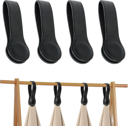 4 PCS Genuine Leather Towel Clips for Kitchen, Magnetic Hand Clips, Towel Holder with Magnet for Rods and Racks, Bathroom Accessory (Black)
