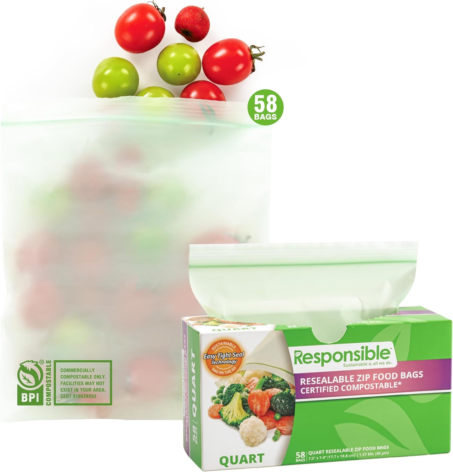 Responsible Products Certified Compostable QUART Resealable Zip Bag, Extra Strength Food Bags, Plant-Based Freezer-Safe (58 Pack)