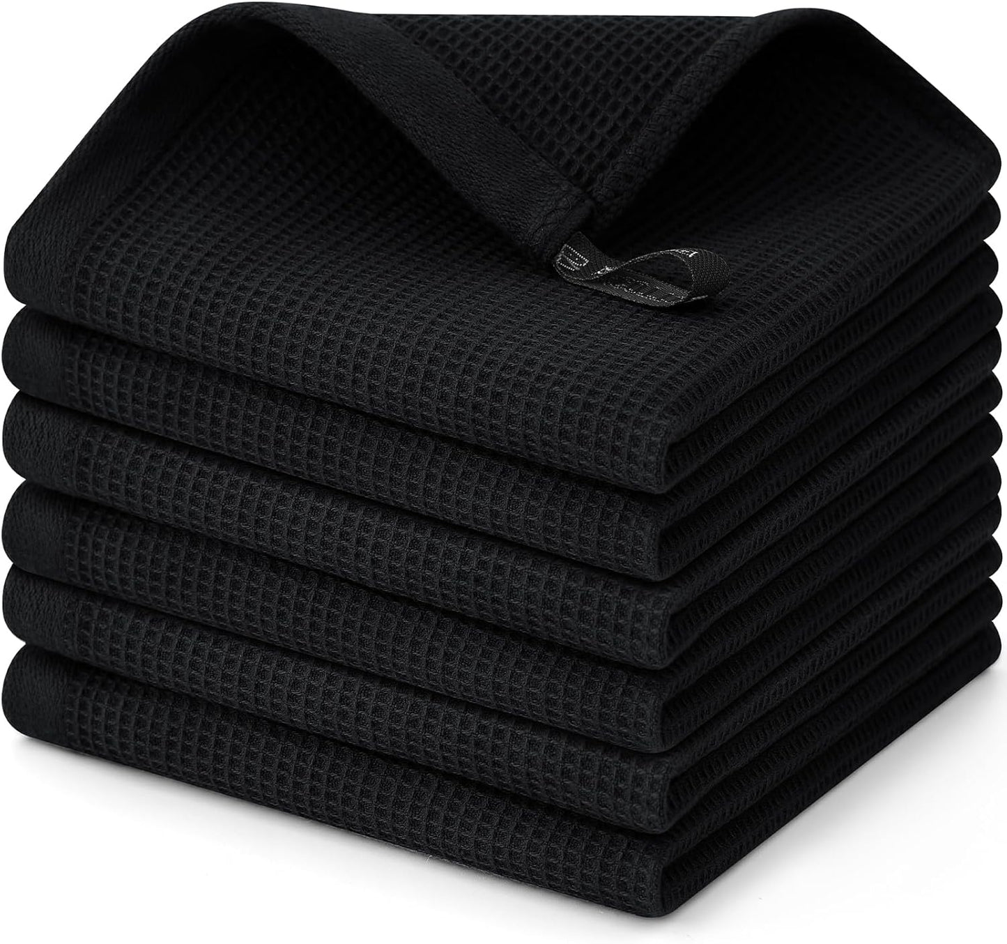 Homaxy 100% Cotton Waffle Weave Dish Cloths - 6 Pack Soft and Absorbent Dish Towels - 12 x 12 Inches Quick Dry Dish Rags - Black