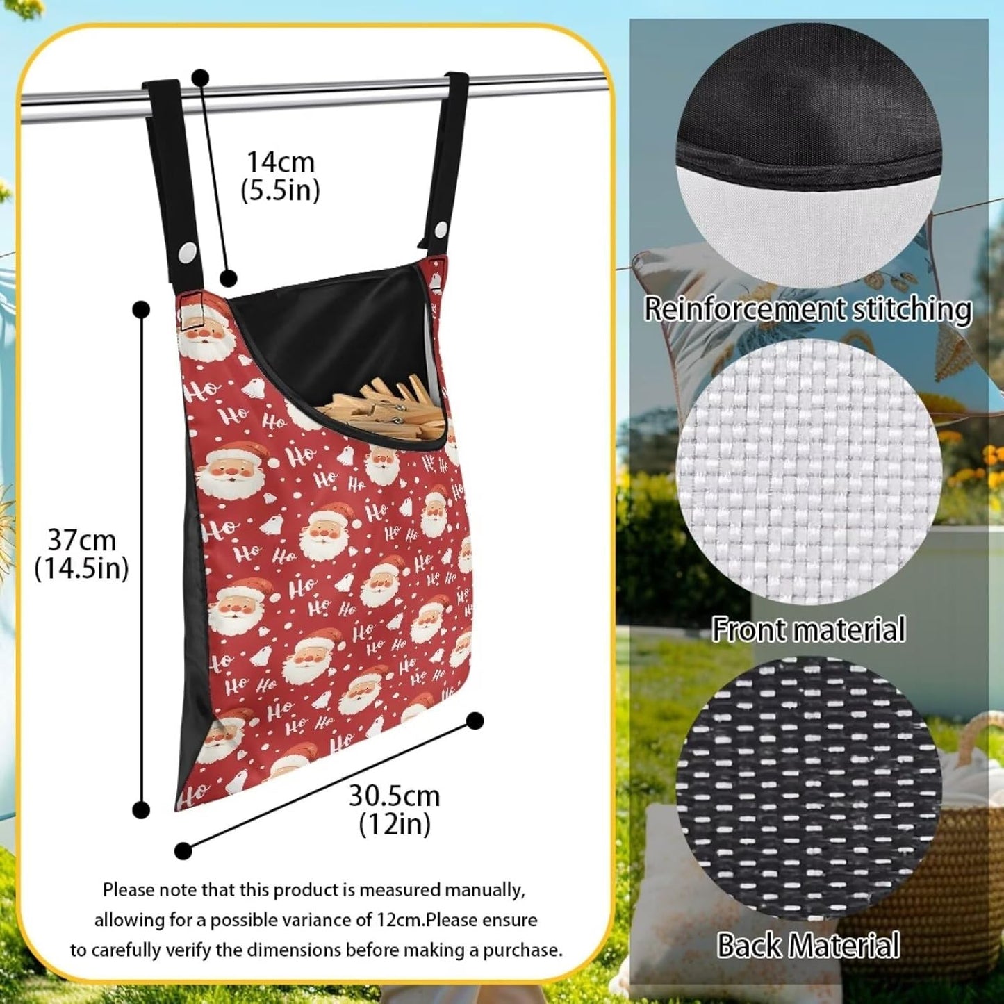Clothespin Bag with Hanging Rope for Home Outdoor，Laundry Hanging Bag Fits Clothes Lines for Hanging Clothes Outside Balcony Bathroom Corridor Yard - Santa Claus