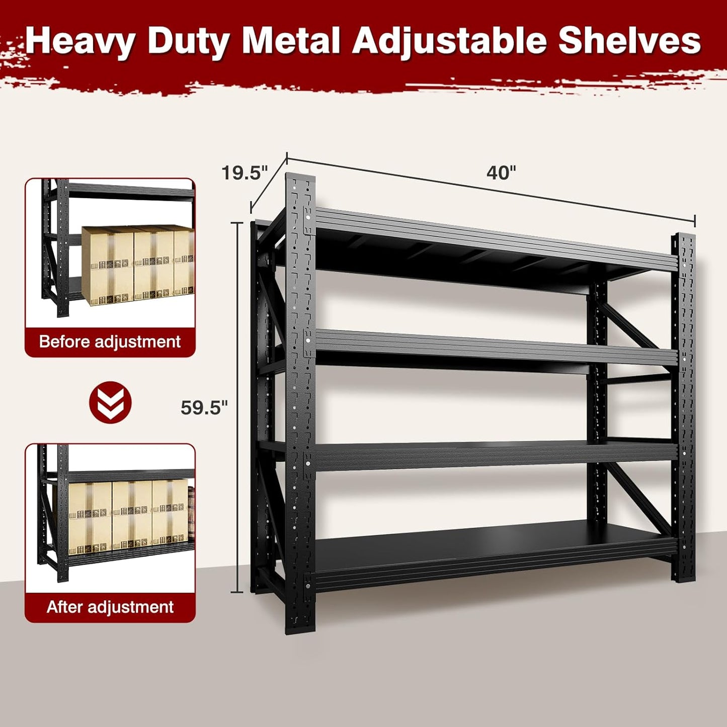 3000LBS Metal Steel Storage Shelves - 40" W Black 4 Tier Heavy Duty Rack Commercial Industrial Shelving with Adjustable Shelf for Basement Garage Warehouse - 40" W x 19.5" D x 59.5" H