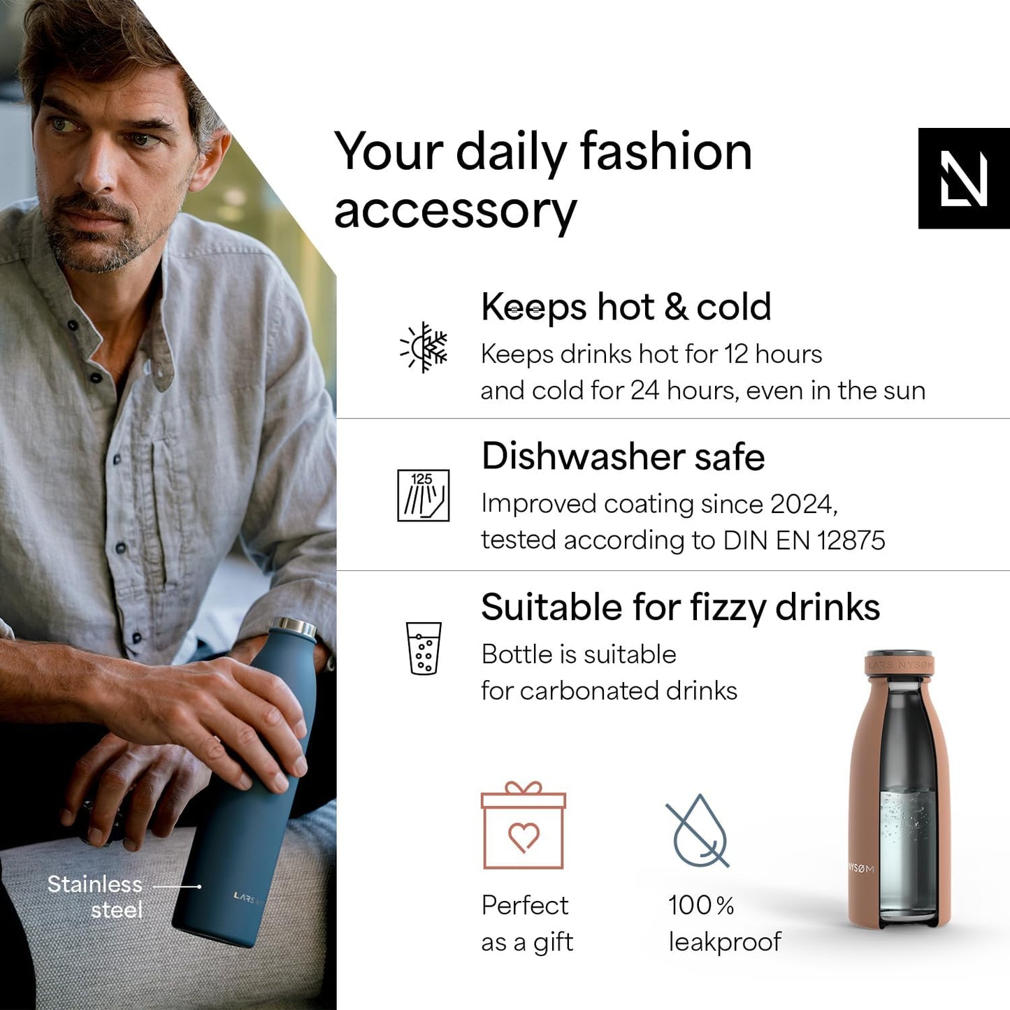 LARS NYSØM Stainless Steel Insulated Water Bottle 12oz 17oz 25oz 34oz 51oz | Insulated Thermo Flask for Hot and Cold Beverages | Leakproof Drinking Bottle (Blush Rose, 11.9oz)