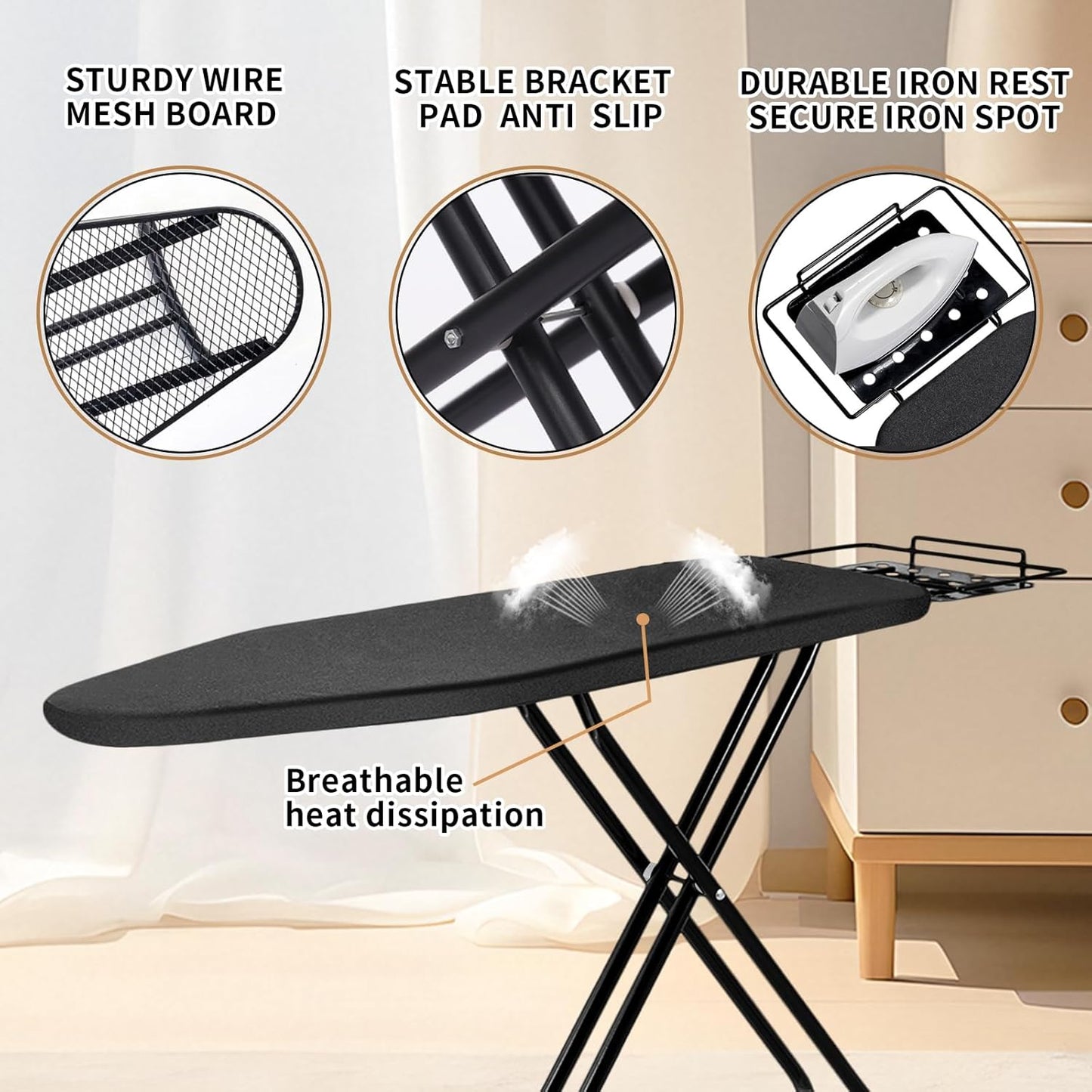 Ironing Board,52x14 Inch Iron Board with Steam Rest, Heavy Duty Metal Frame Legs Ironing Table with Heat Resistant Cover Mat, Foldable Full Size Hanger Ironing Stand, 5 Adjustable Height, Black