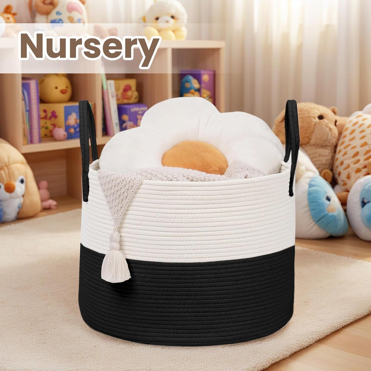 Woven Blanket Basket,115L Large Rope Storage Bin with Handles, Organizer for Blankets Toys Book and Clothes, Laundry Basket for Living Room Bedroom Nursery,White&Black