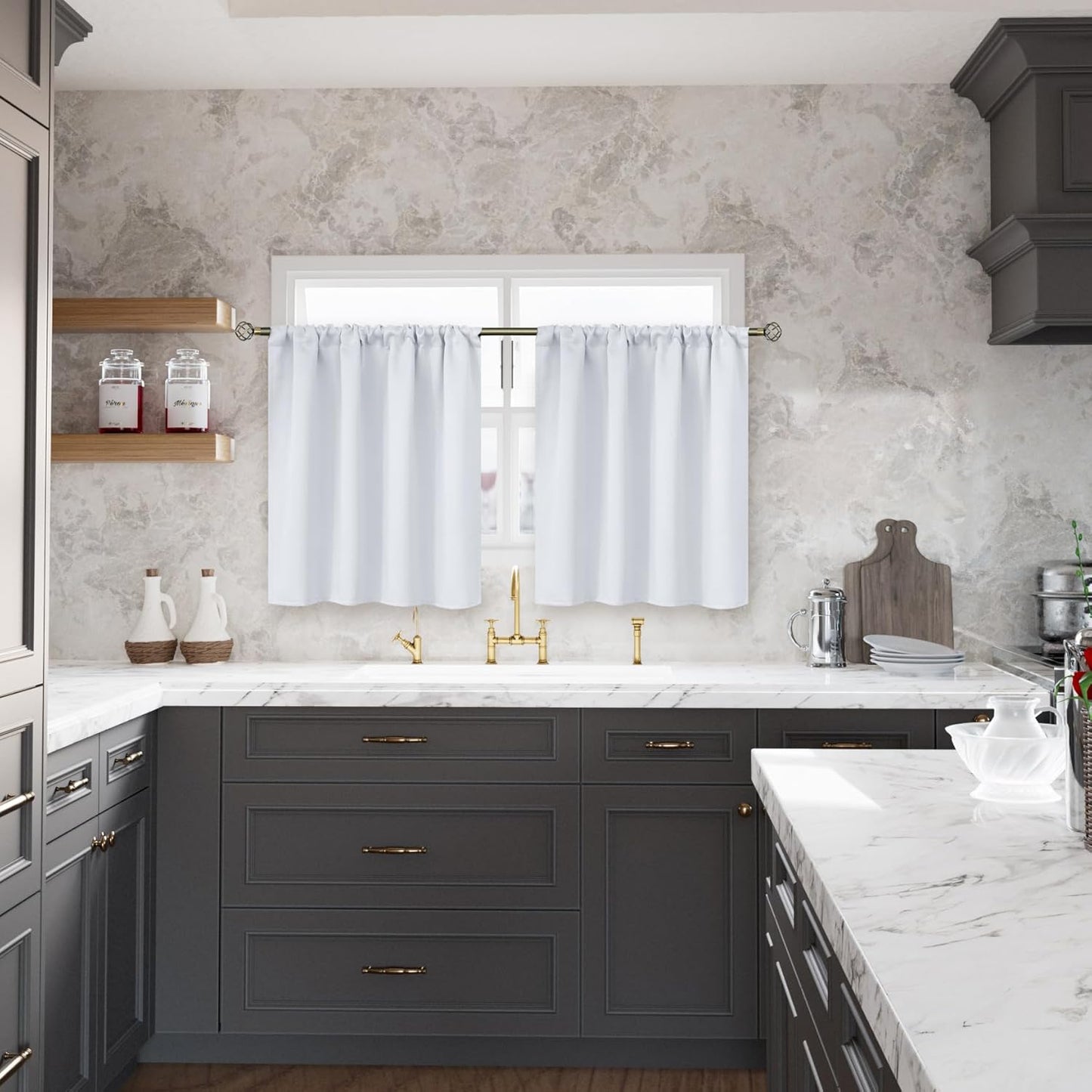 BGment Short Curtains 30 Inches Length for Kitchen Cafe Bathroom - Rod Pocket 42 Inch Wide Room Darkening Drapes for Basement Camper Small Window, Greyish White, 2 Panels, 42 x 30 Inch