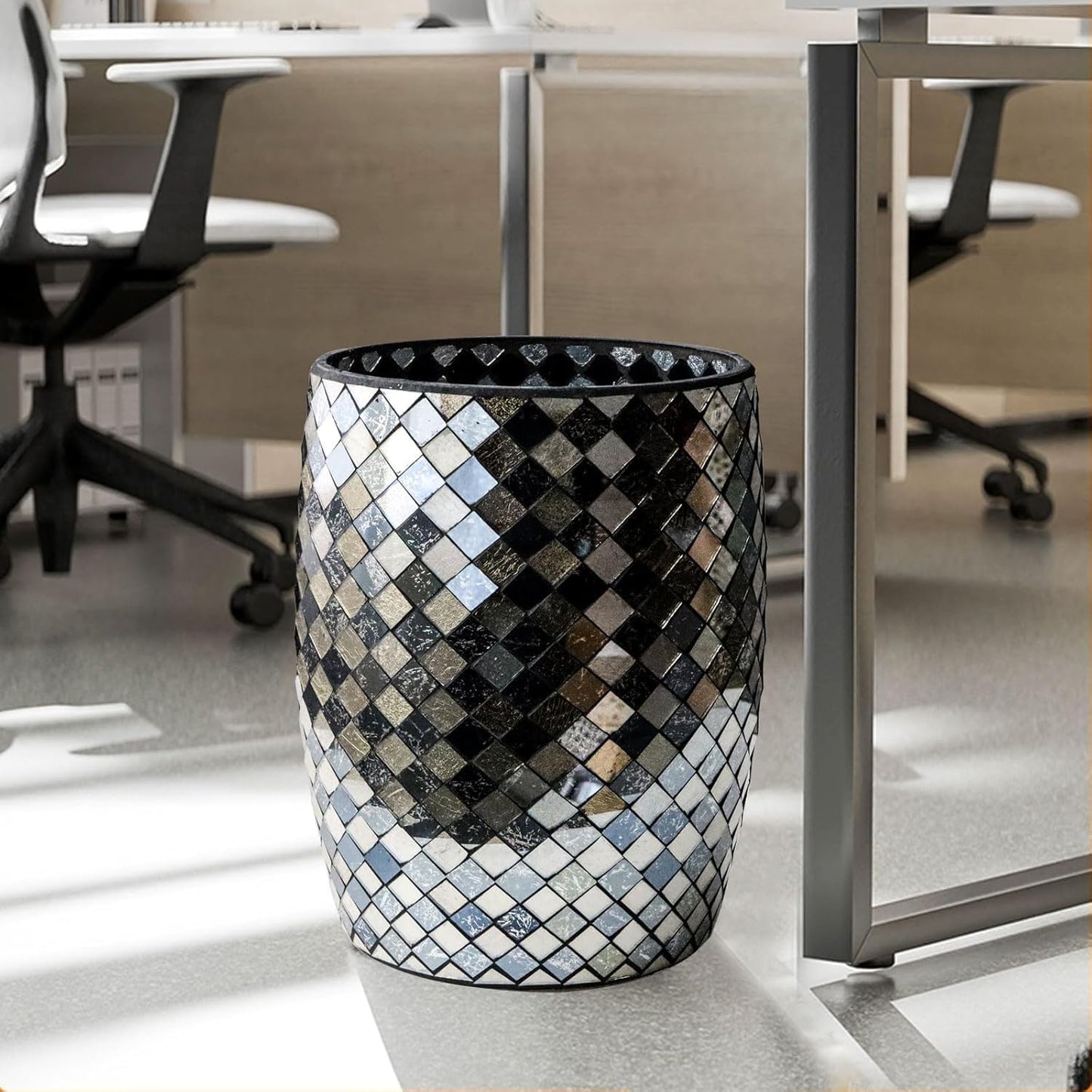 Escenzy Modern Bathroom Trash Can Mosaic Glass 5L | Decorative Small Garbage Can | 7" x 10" | Luxury Waste Basket for Restroom, Office, Bedroom & Kitchen | Shiny Black and Gold Bathroom Accessories