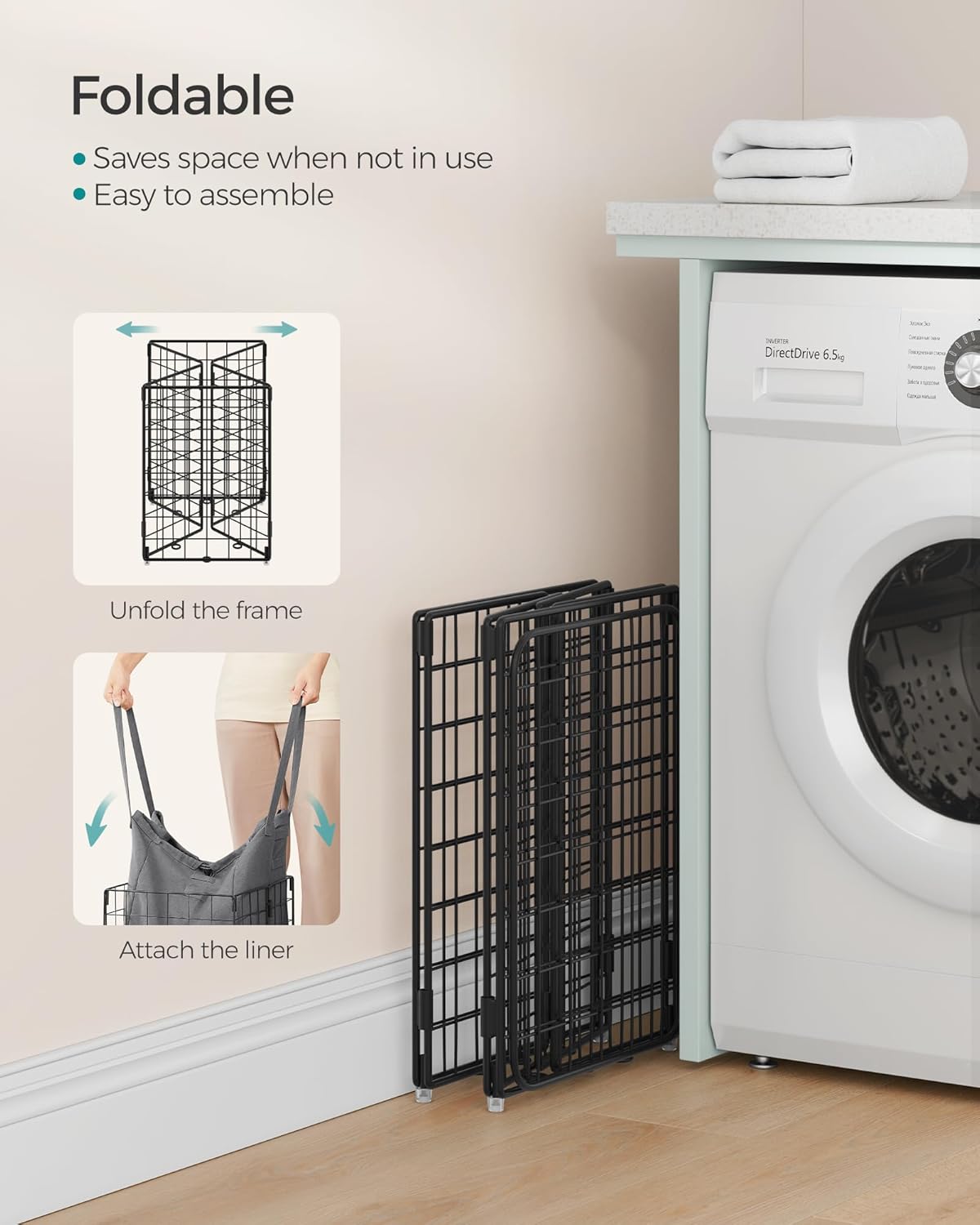 SONGMICS Laundry Hamper, 11 Gal. (50L) Laundry Basket, Collapsible Clothes Hamper, Removable and Washable Liner, Metal Wire Frame, for Bedroom Bathroom, Black and Gray ULCB150G01