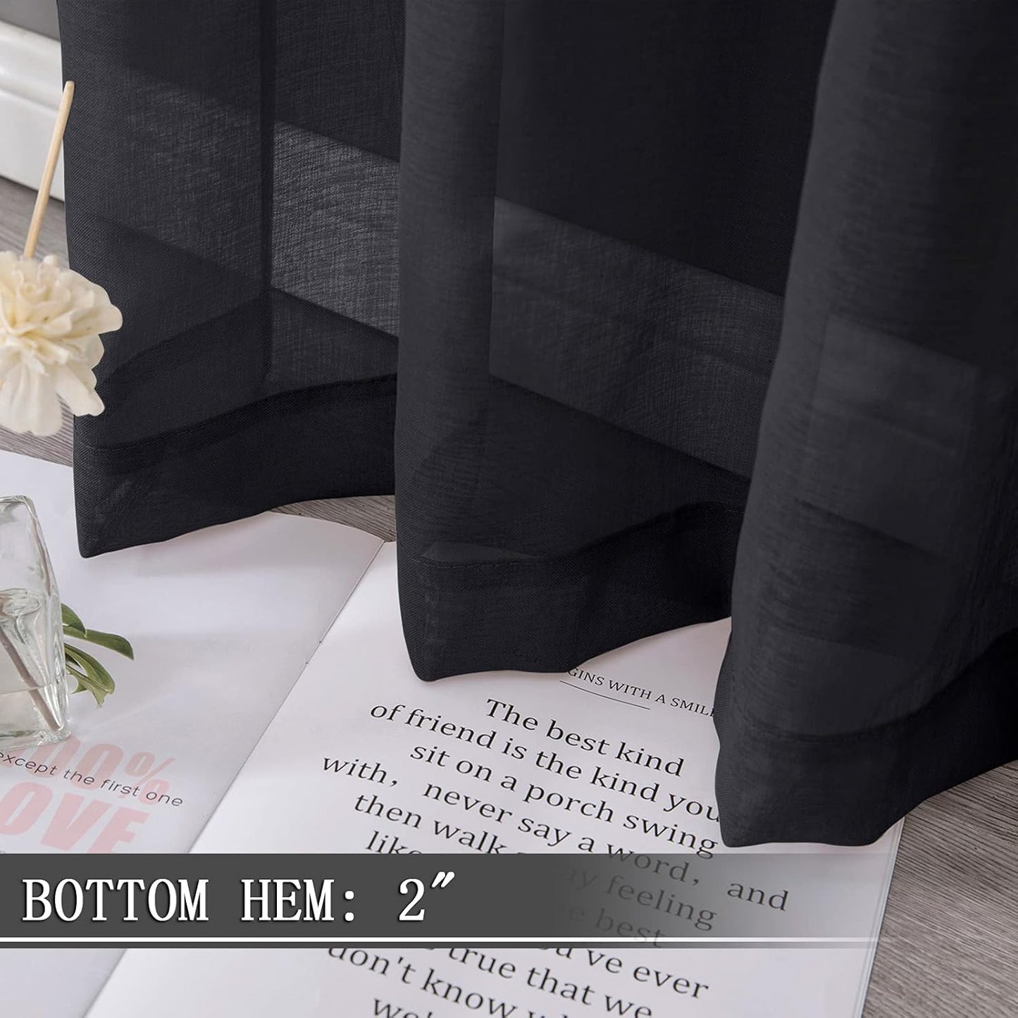 Tollpiz Sheer Curtains Linen Textured Bedroom Curtain Sheers Light Filtering Rod Pocket Voile Curtains for Living Room, 54 x 84 inches Long, Black, Set of 2 Panels