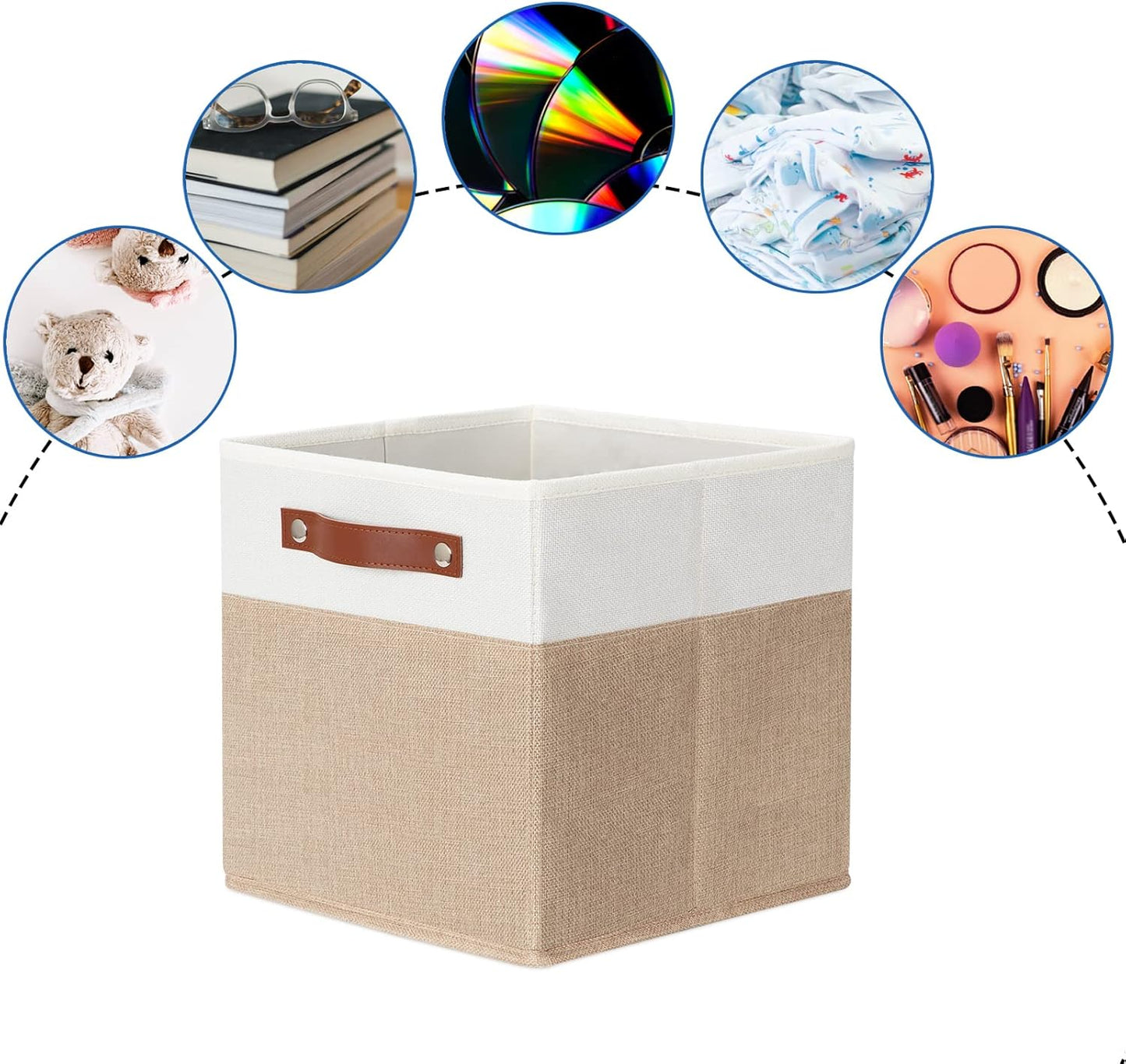 DULLEMELO 11 inch Cube Storage Bins,Fabric Storage Cubes for Organizing,Collapsible Foldable Linen Canvas Closet Storage Bins for Shelves Closet Bedroom Toys Home Office(White&Khaki)