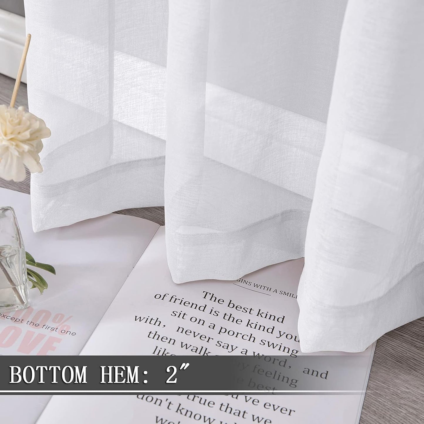 Tollpiz Sheer Curtains Living Room Linen Textured Curtain Sheers Light Filtering Voile Rod Pocket Curtains for Bedroom, 38 x 63 inches Long, White, Set of 2 Panels