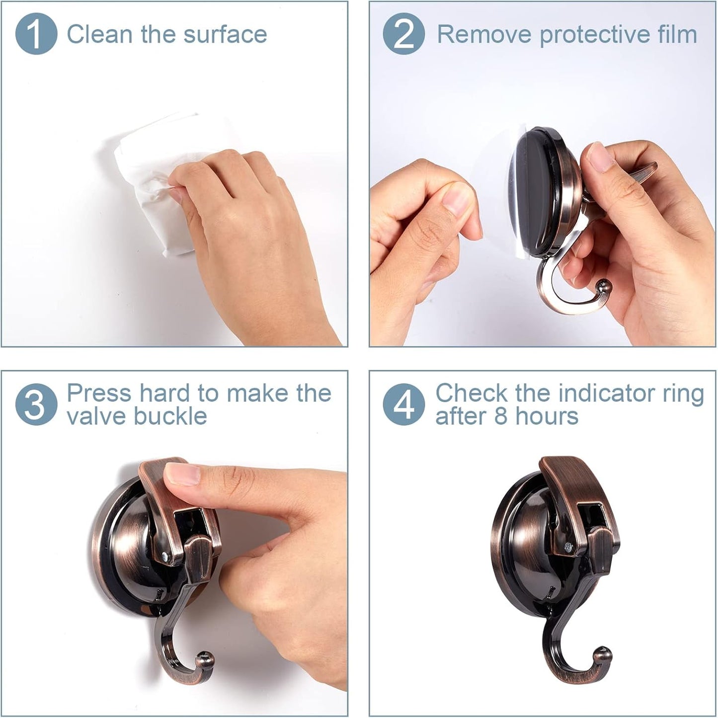 Suction Cup Hooks for Shower, Bathroom, Kitchen, Glass Door, Mirror, Tile – Loofah, Towel, Coat, Bath Robe Hook Holder for Hanging – Waterproof Wreath Hanger (Red Bronze 4Pack)