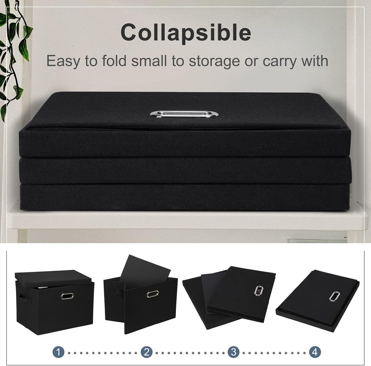 Large 17" 36 Quart Collapsible Stackable Storage Bins with Lids, 3 Packs Black Linen Fabric Closet Boxes with Lids, Storage Cube Baskets Container Organizers for Bedroom Office(17 x12 x11)