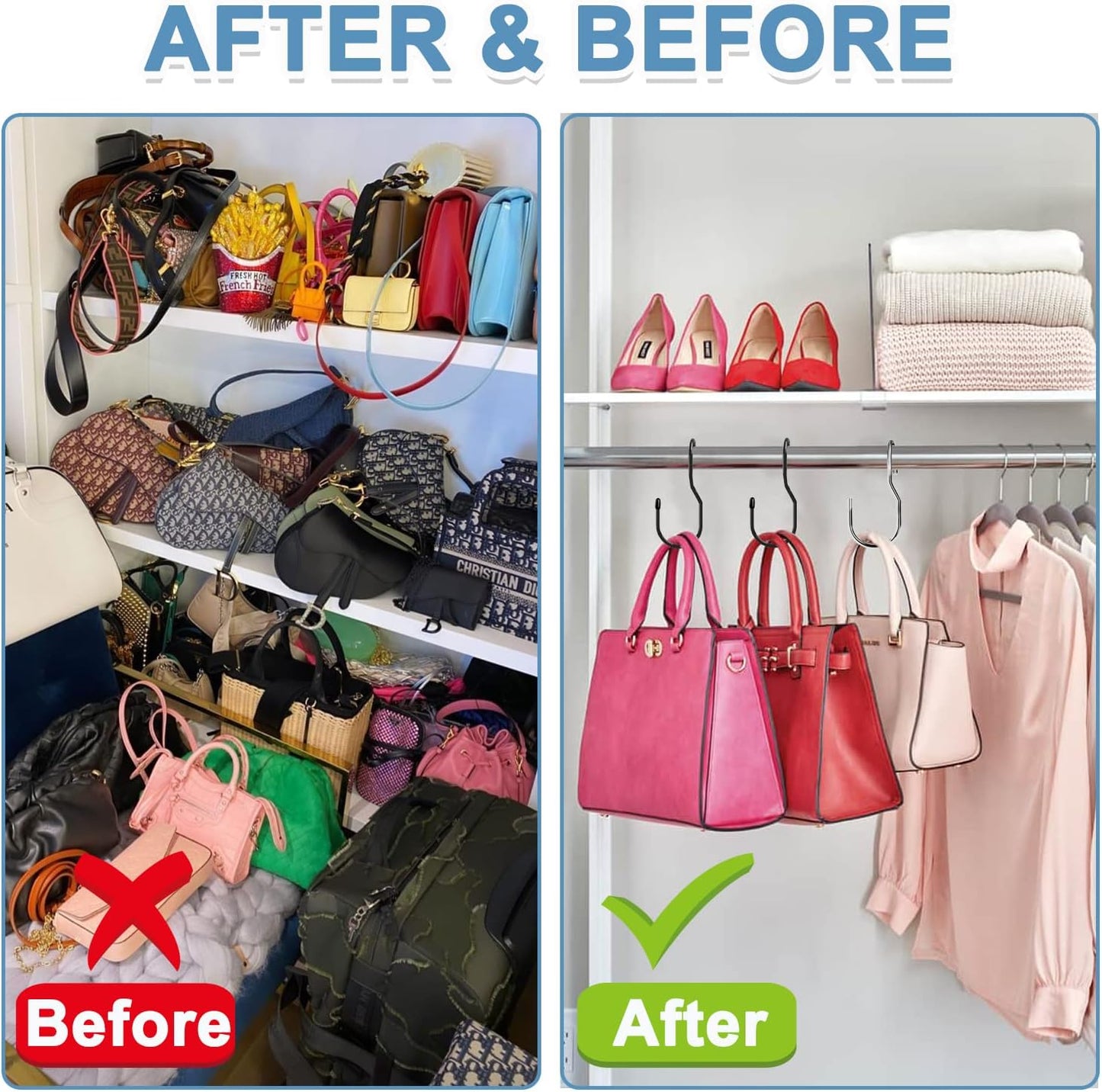 Unique Twist Design Bag Hanger Purse Hooks - 5 Inch Large Size Closet Rod Hooks for Hanging Bags, Purses, Handbags, Belts, Scarves, Hats, Clothes, Pans and Pots (12 Pack)