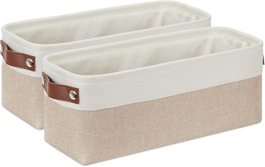 DULLEMELO 2-Pack Bathroom Baskets for Toilet, Small Storage Bins for Organizing Closets, Cabinets, Shelves, Canvas Fabric Storage Basket Bins With Leather Handles for Empty Gift Basket (White&Khaki)