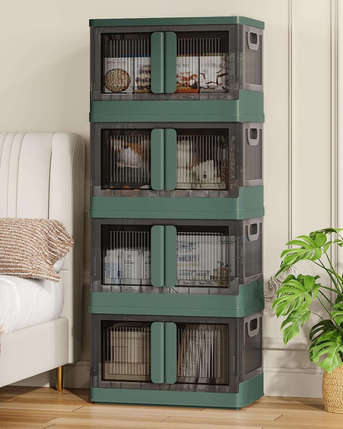 8.4Gal Collapsible Storage Bins with Lids & Wheels - 4 Pack Stackable with Doors, Heavy-Duty Plastic Containers for Home/Office, Green