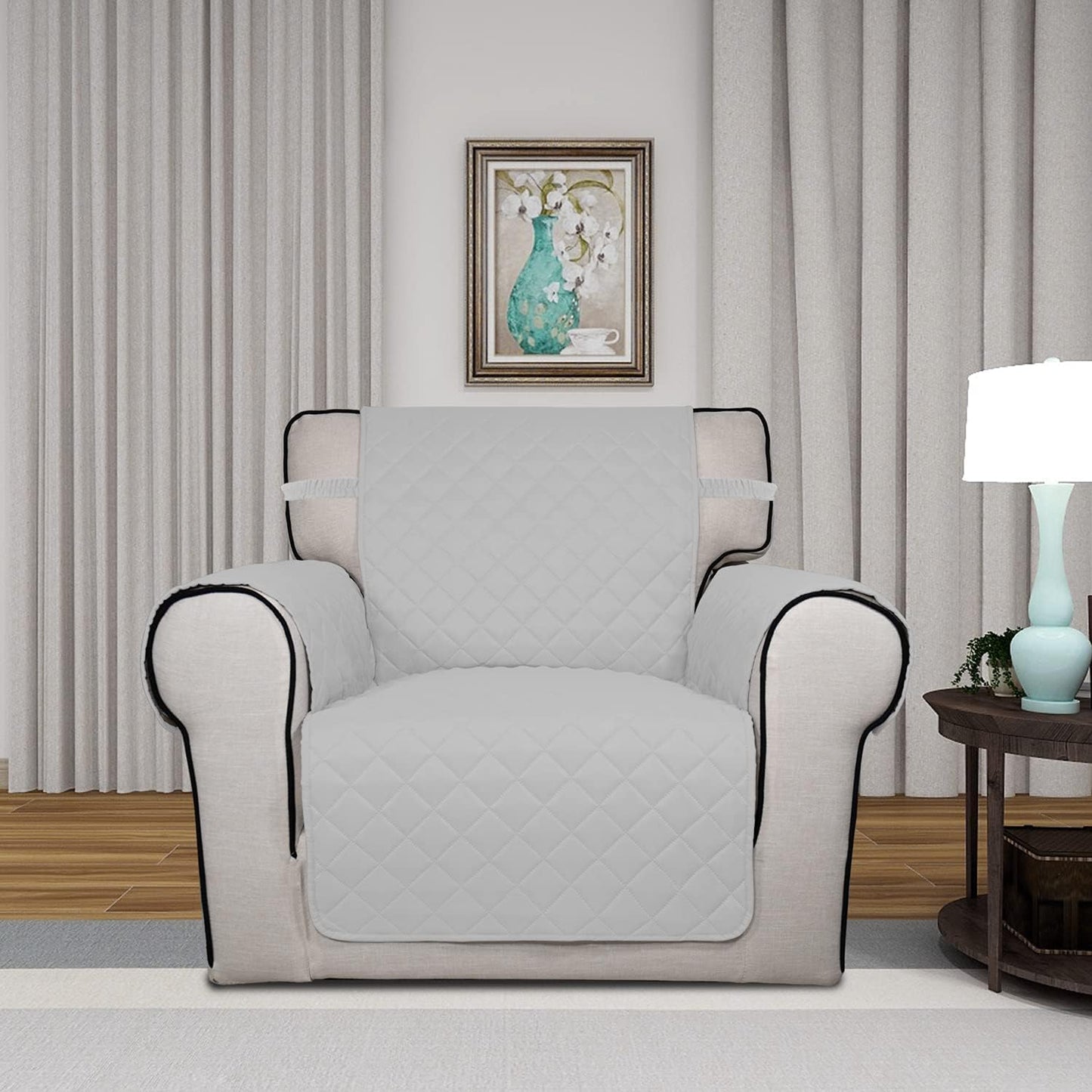 PureFit Reversible Quilted Sofa Cover, Water Resistant Slipcover Furniture Protector, Washable Couch Cover with Non Slip and Elastic Straps for Kids, Pets (Chair, Light Gray/Ivory)