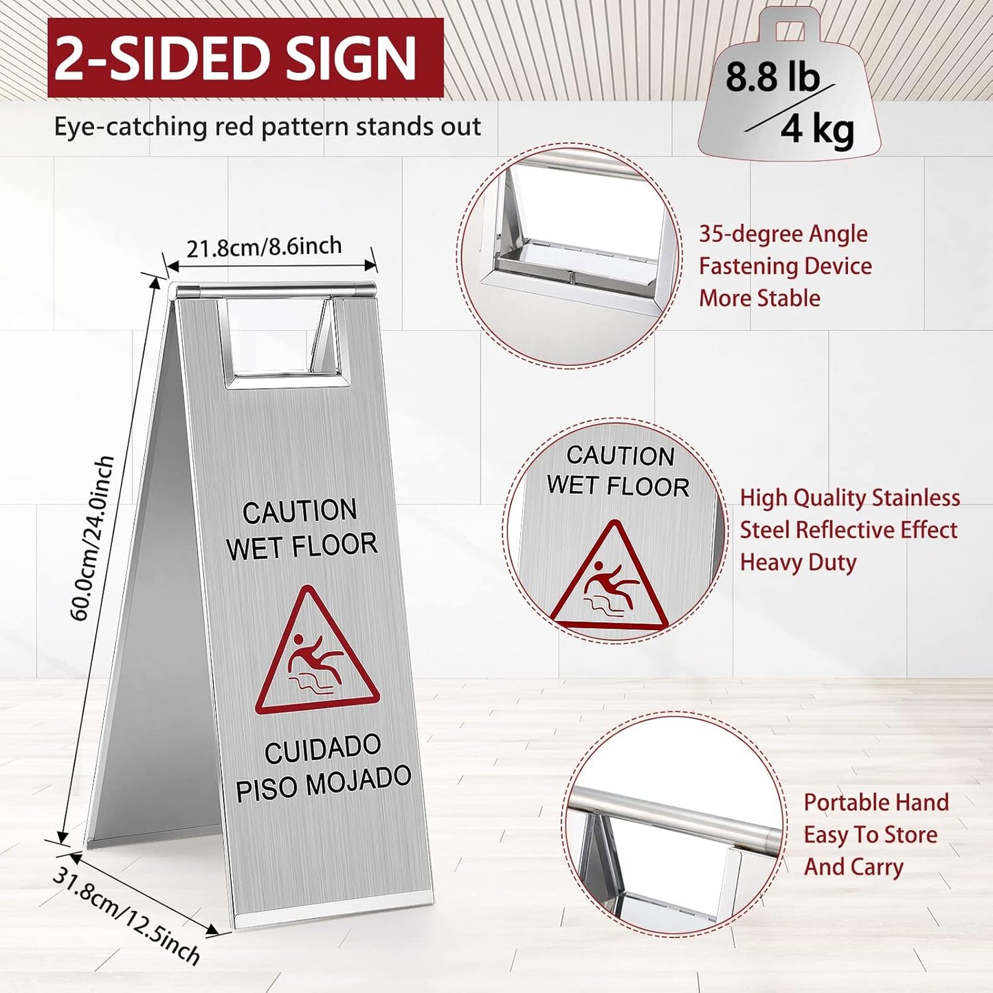 LEIFIDE 4 Pcs Stainless Steel Wet Floor Caution Sign Bulk 8.8 Pound Portable Foldable Handle Bilingual Safety Sign for Kitchen Restaurant Shop Commercial Use Avoid Fall and Slip Accident (Silver)