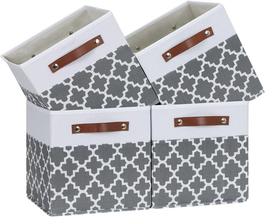 Temary 11x11x11 Cube Storage Bins Cube Organizer Bins 4 Pack Canvas Storage Bin for Home, Cube Storage Basket with Leather Handles(Grey Lattice)