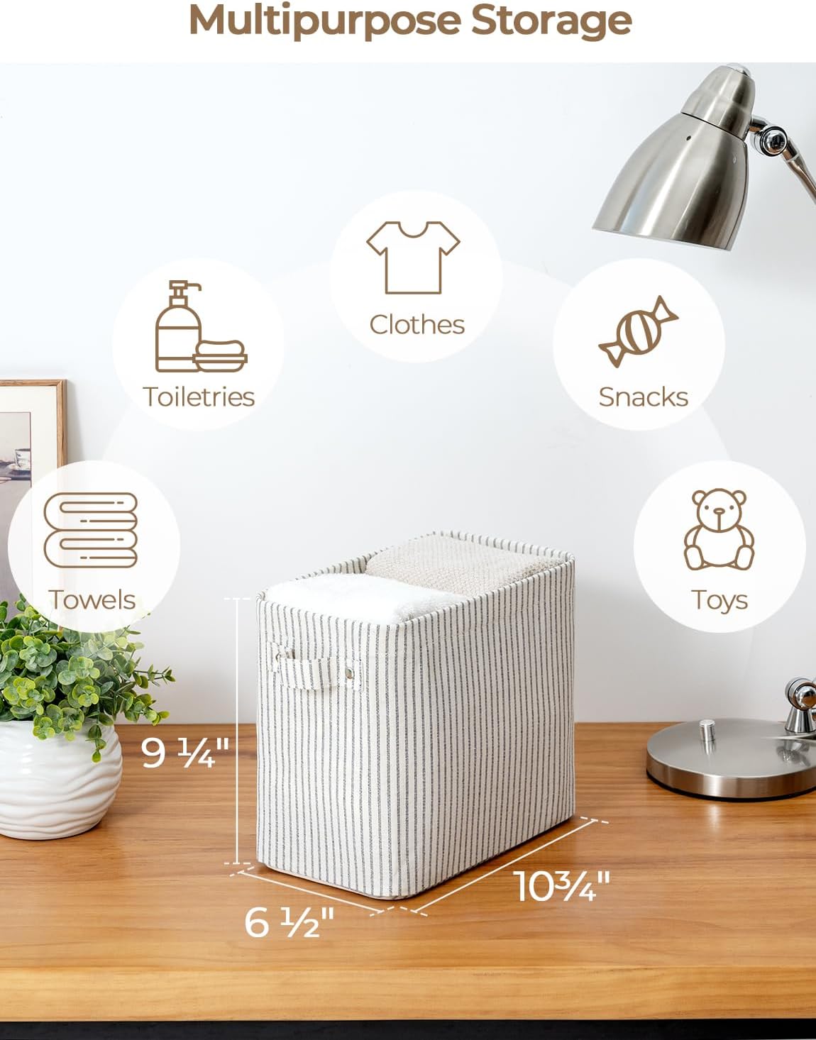 StorageWorks Narrow Storage Bins, Small Basket for Closet and Shelves, Rectangular Fabric Organizer with Handles, Toilet Paper Storage, Khaki and Beige Stripes, 2-Pack