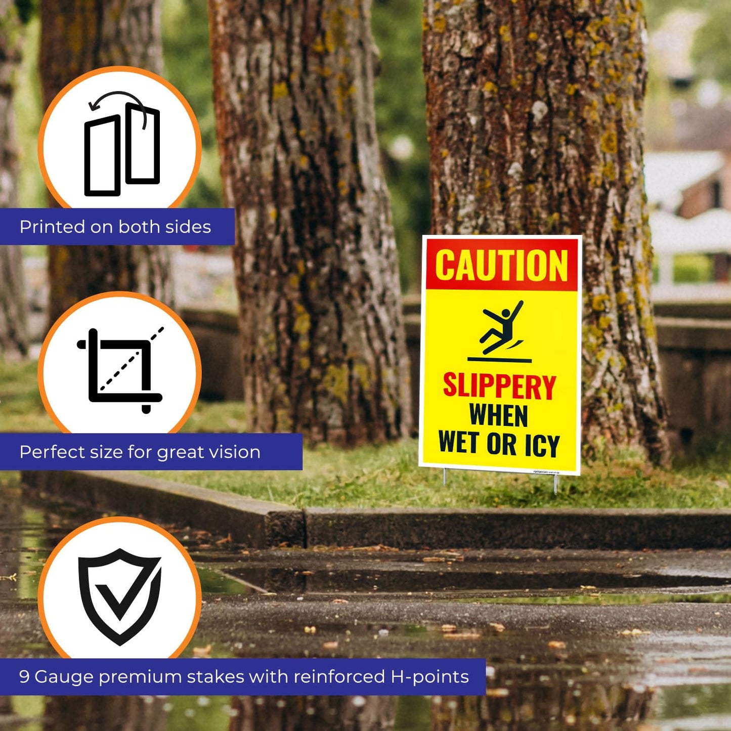 Caution Slippery When Wet or ICY Sign, (SI-84404) (2 Pack) Double Sided 9x12 Inches, Corrugated Plastic with Metal H Stake, Made in USA by Sigo Signs