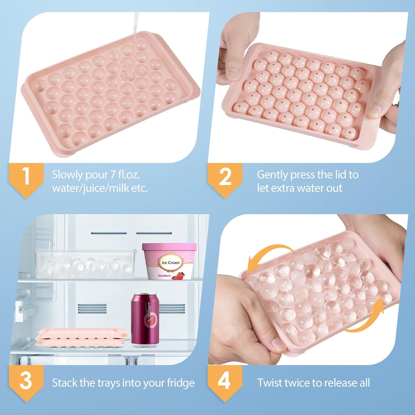 WIBIMEN Ice Cube Tray with Lid and Bin - Round Ice Trays for Freezer with Lid - Ice Cube Trays for Freezer with Ice Container (0.8"-2PACK Pink)