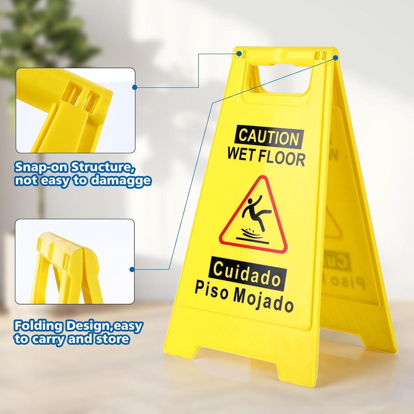 4-Pack Caution Wet Floor Sign,17.5" Height,Bright Yellow Double-Sided Folding A-Shaped Frame Design, Bilingual Caution Message