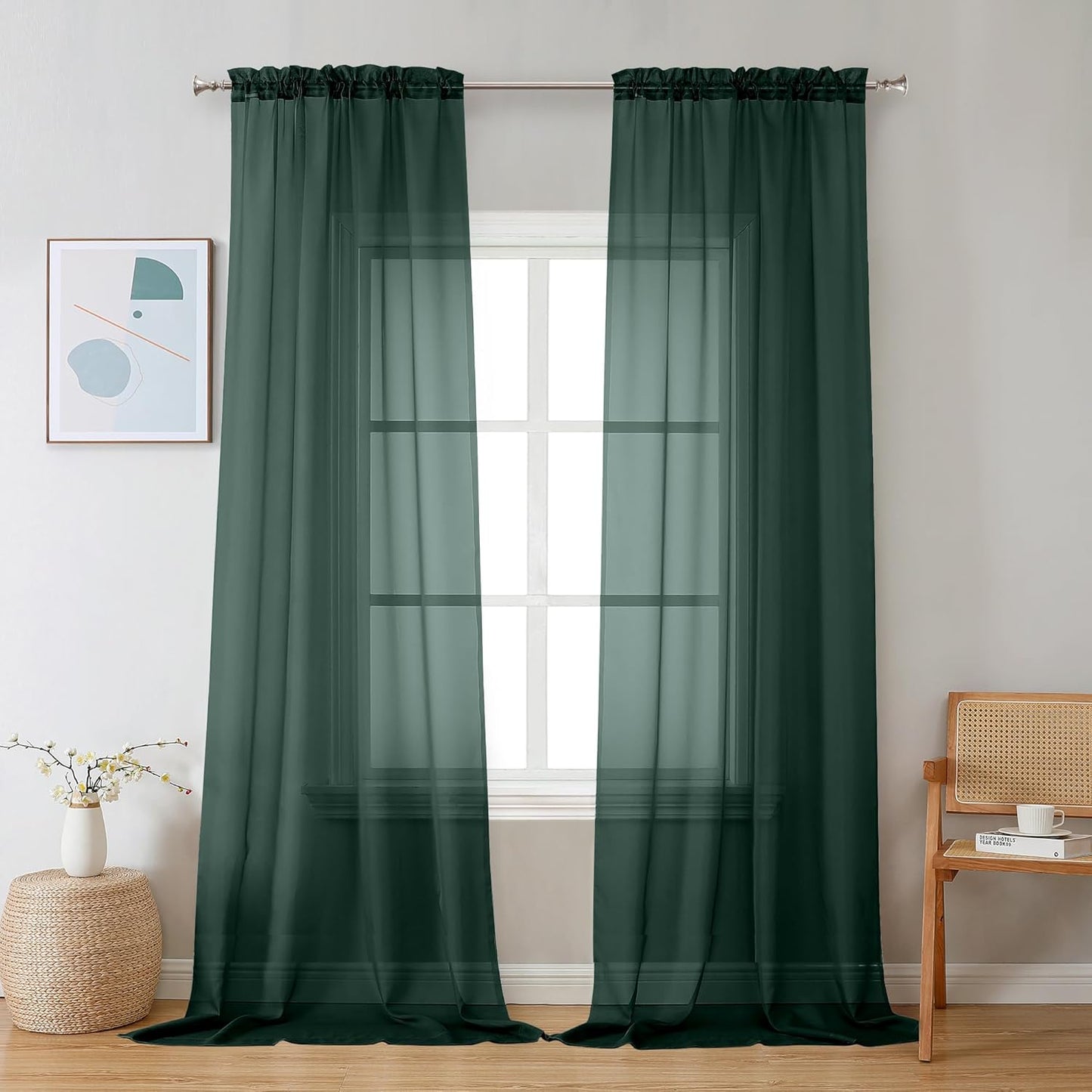 Chyhomenyc Sheer Hunter Green Curtains 90 inches Long 2 Panels, Light Filtering Soft Airy Solid Elegant Voile Window Treatment Drapes for Bedroom Living Room Wedding Party Decor, 42 Wx90 L Inches
