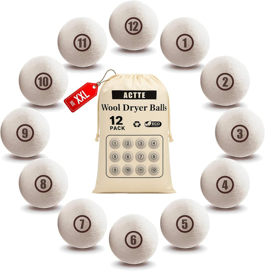 Sheep Wool Dryer Balls 12 Pack XXL(3.1") Premium Natural Fabric Softener, Reusable Laundry Dryer Balls for Reducing Drying Time, Static and Wrinkles, Eco-Friendly – 100% New Zealand Wool