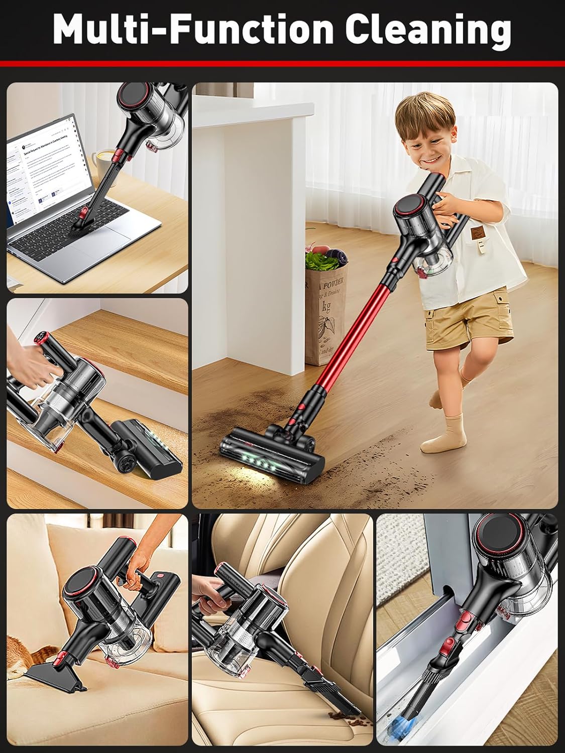 Cordless Vacuum Cleaner, 40KPA 8-in-1 Vacuum Cleaners for Home, 50Mins Runtime, Anti-Tangle Stick Vacuum with LED Display, Rechargeable Lightweight Vacuum for Pet Hair/Carpet/Floor (Red)