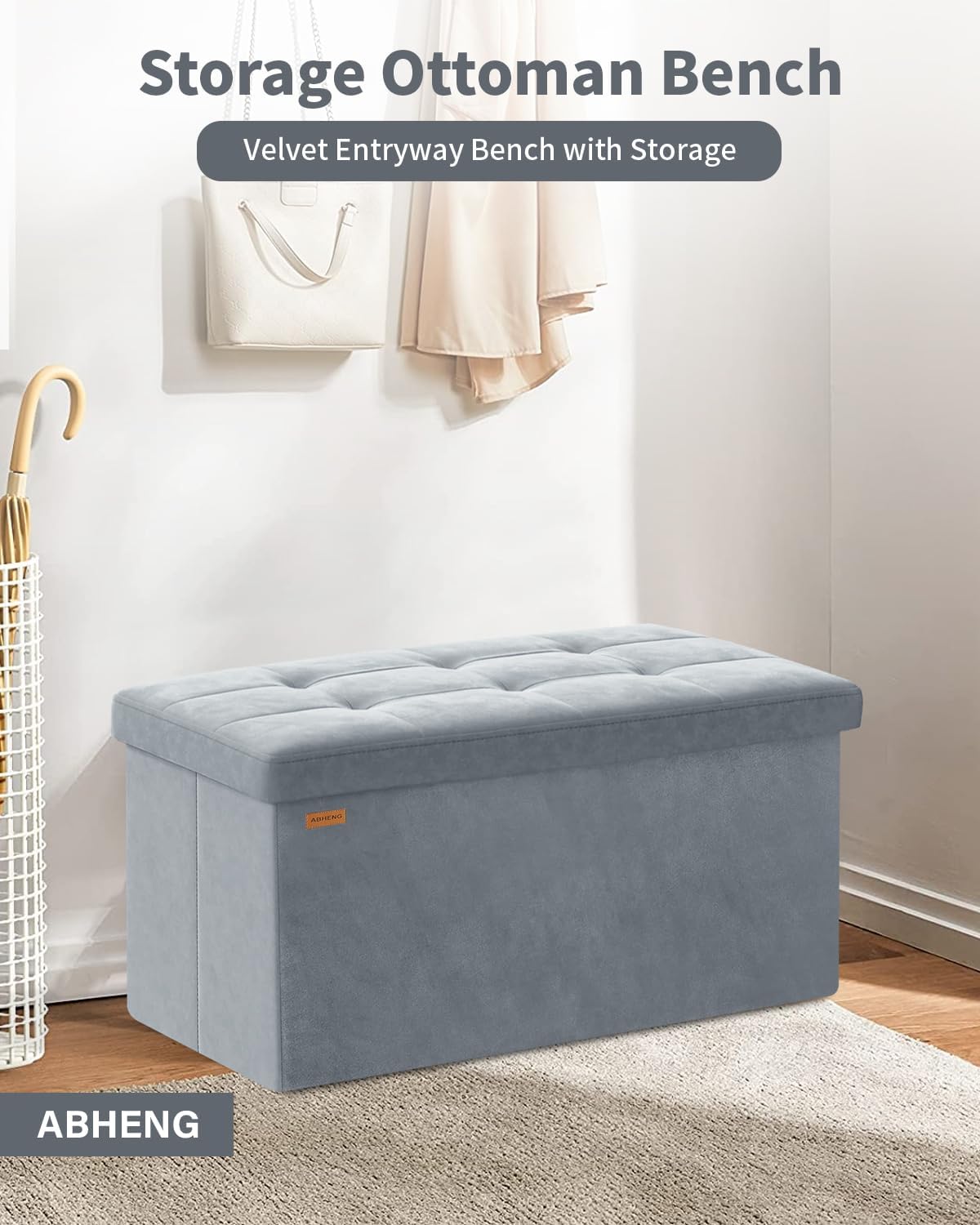 Folding Storage Ottoman, Velvet Storage Bench, Footrest, Removable Divider, for Living Room, Bedroom, 15 x 30 x 15 Inches, 660 lb Load Capacity, Dove Gray UASND01G