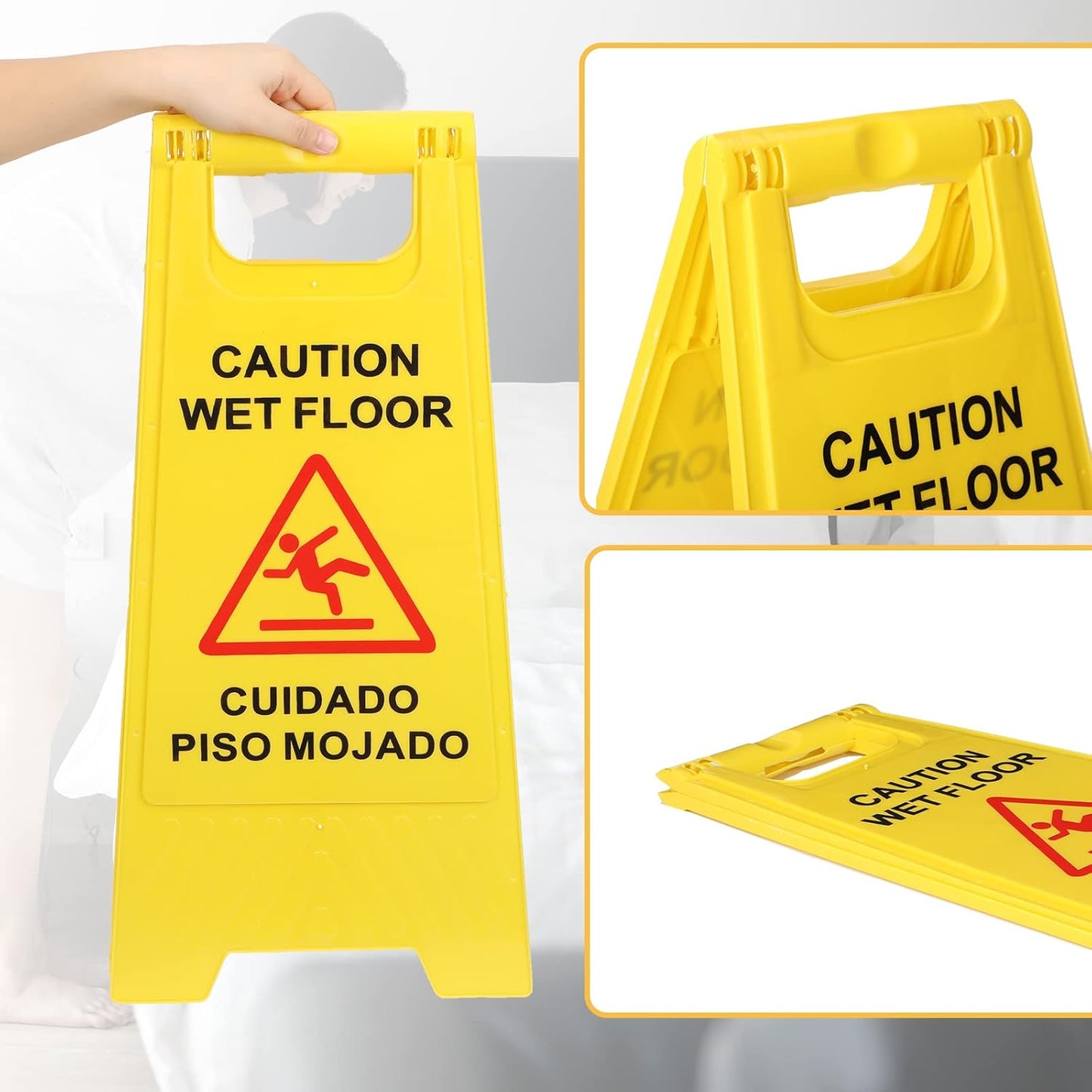 Macarrie 12 Pack Caution Wet Floor Sign Wet Floor Double Sided Cuidado Piso Mojado Foldable Bilingual Alert Sign for Commercial Use Indoors Outdoors, 11.5 x 23.62 Inches(Classic Style)