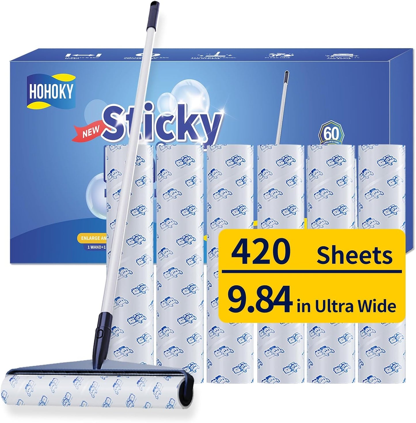 Floor Lint Rollers for Pet Hair Extra Sticky Mop，9.84in with 51.2in Long Handle Large Lint Remover Roller for Carpet Cleaner Cars, Clothing, and Pet Hair Picker from Floors