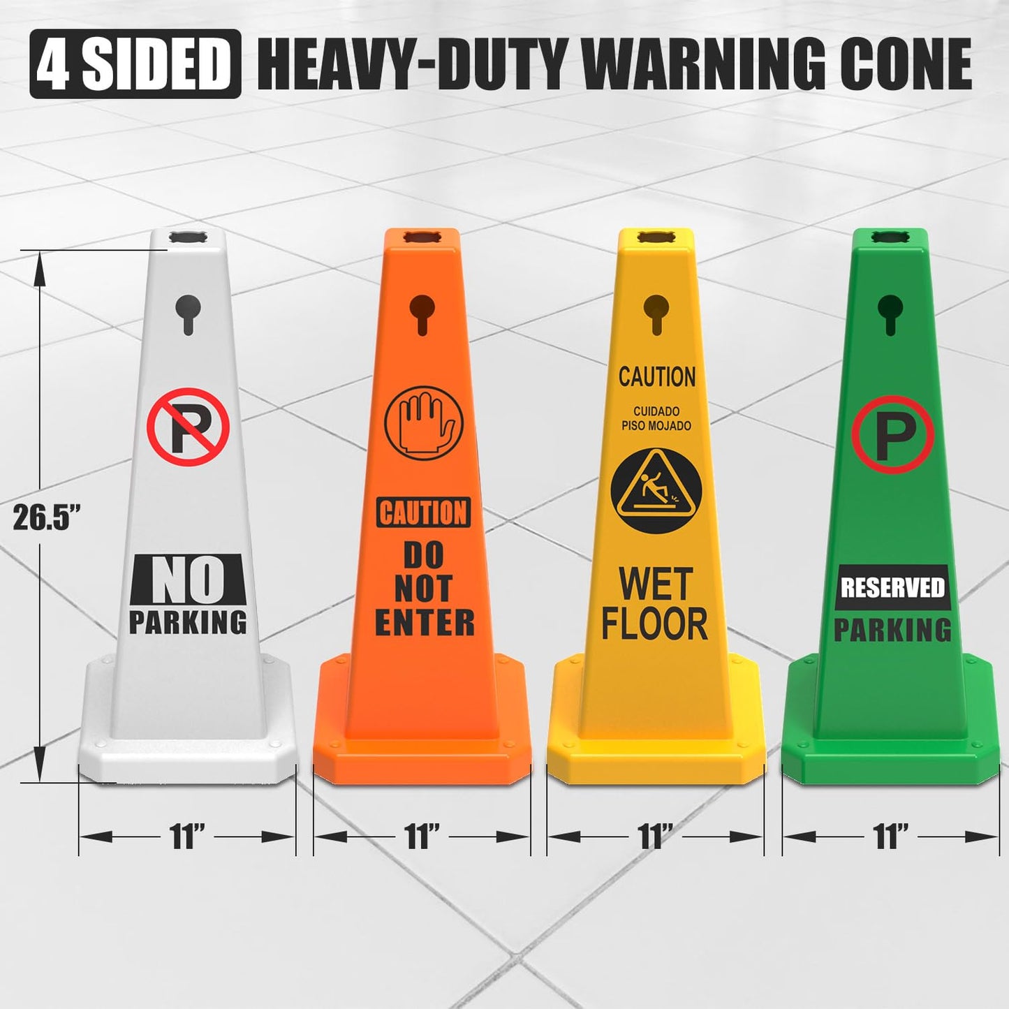 Plastic Traffic Cones, 4-Sided Message Cones, Road Safety Parking Cones, Standing Traffic Warning Signs for Cleaning Area, Garage, No Entry (8, No Parking, Large)