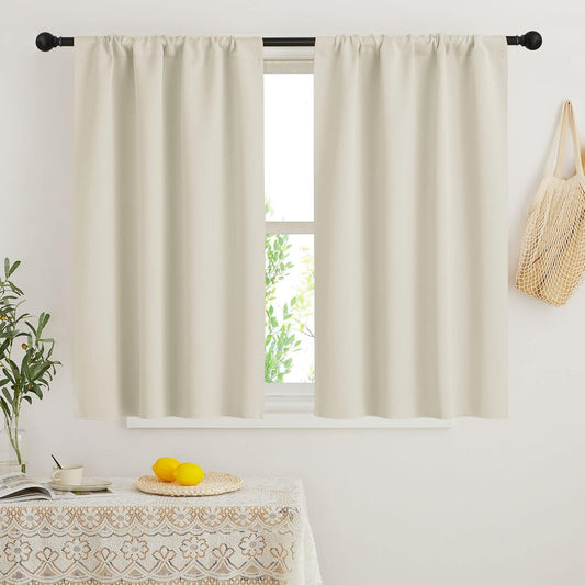 RYB HOME Beige Short Curtains Blackout, 45 inch Durable Cafe Curtains Room Darkening Window Drapes Privacy Protection for Basement Closet Kithen, W34 x L45 inch, 2 Panels