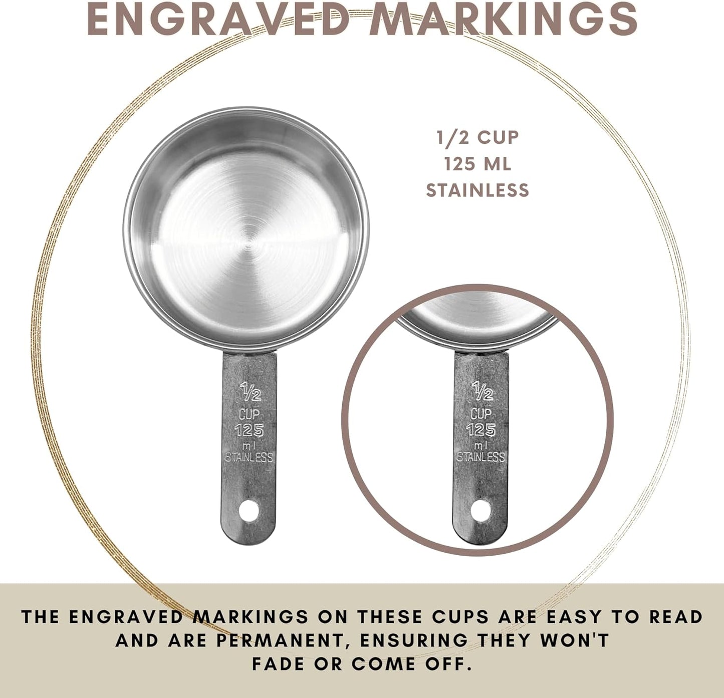 1/2 Cup Stainless Steel Measuring Cup | Sturdy Metal 125 ml | 125 cc | 4 oz | Single Cup for Wet and Dry Ingredients | Great for use as 1/2 Cup Dog Food Scoop - 4 PK