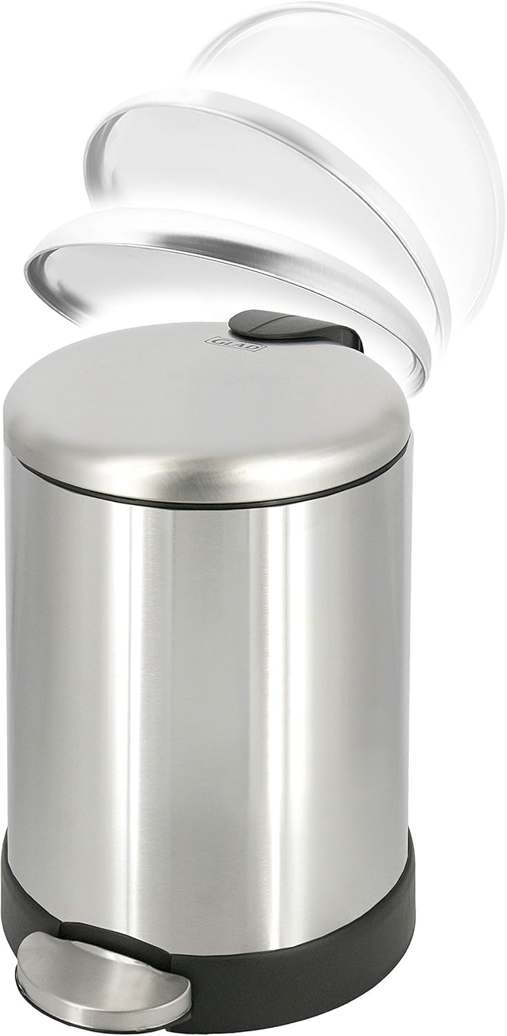 GLAD Small Trash Can, 1.2 Gallon | Round Stainless Steel Garbage Bin with Soft Close Lid & Step Foot Pedal | Metal Waste Basket with Removable Inner Bucket, Stainless