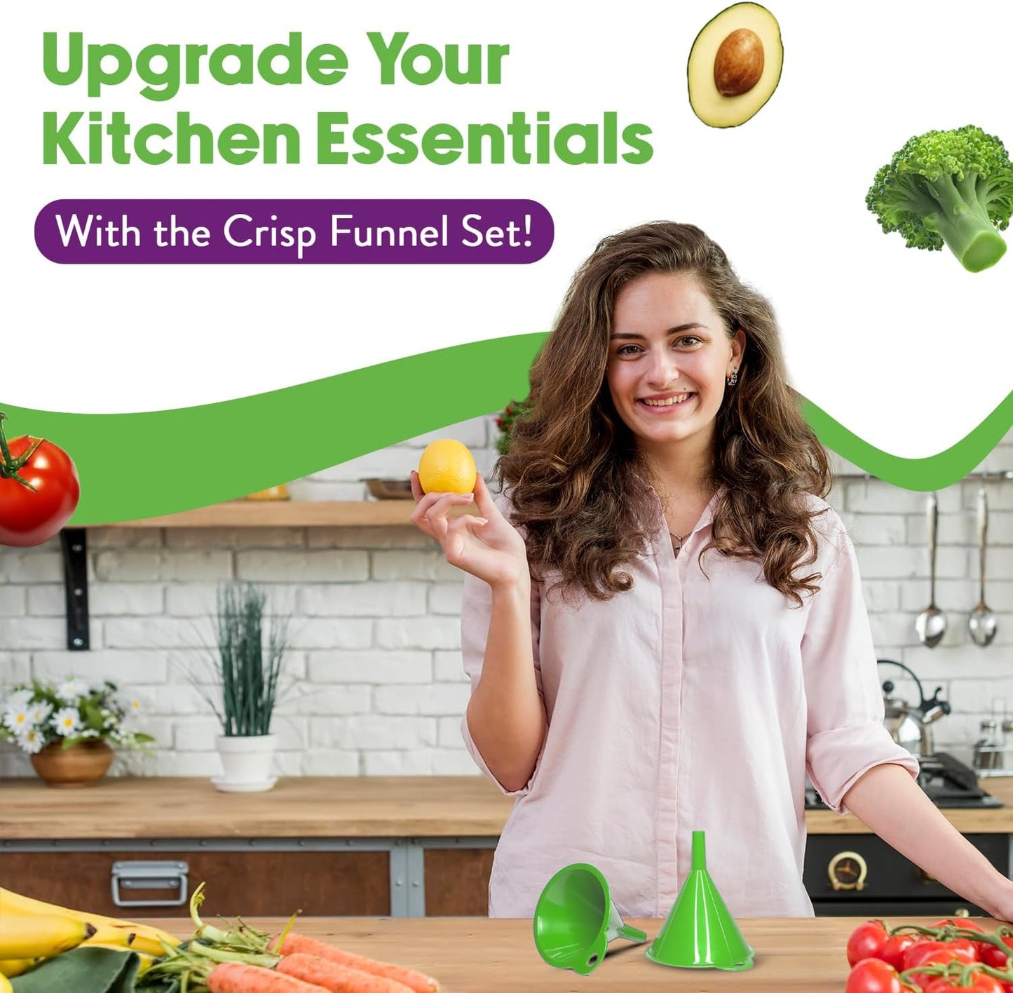 Crisp 2-Piece Funnel Set - All Purpose Funnels for Kitchen Use Filling Bottles - Durable & Dishwasher Safe Kitchen Funnel Set - Made in The USA - Bright Green