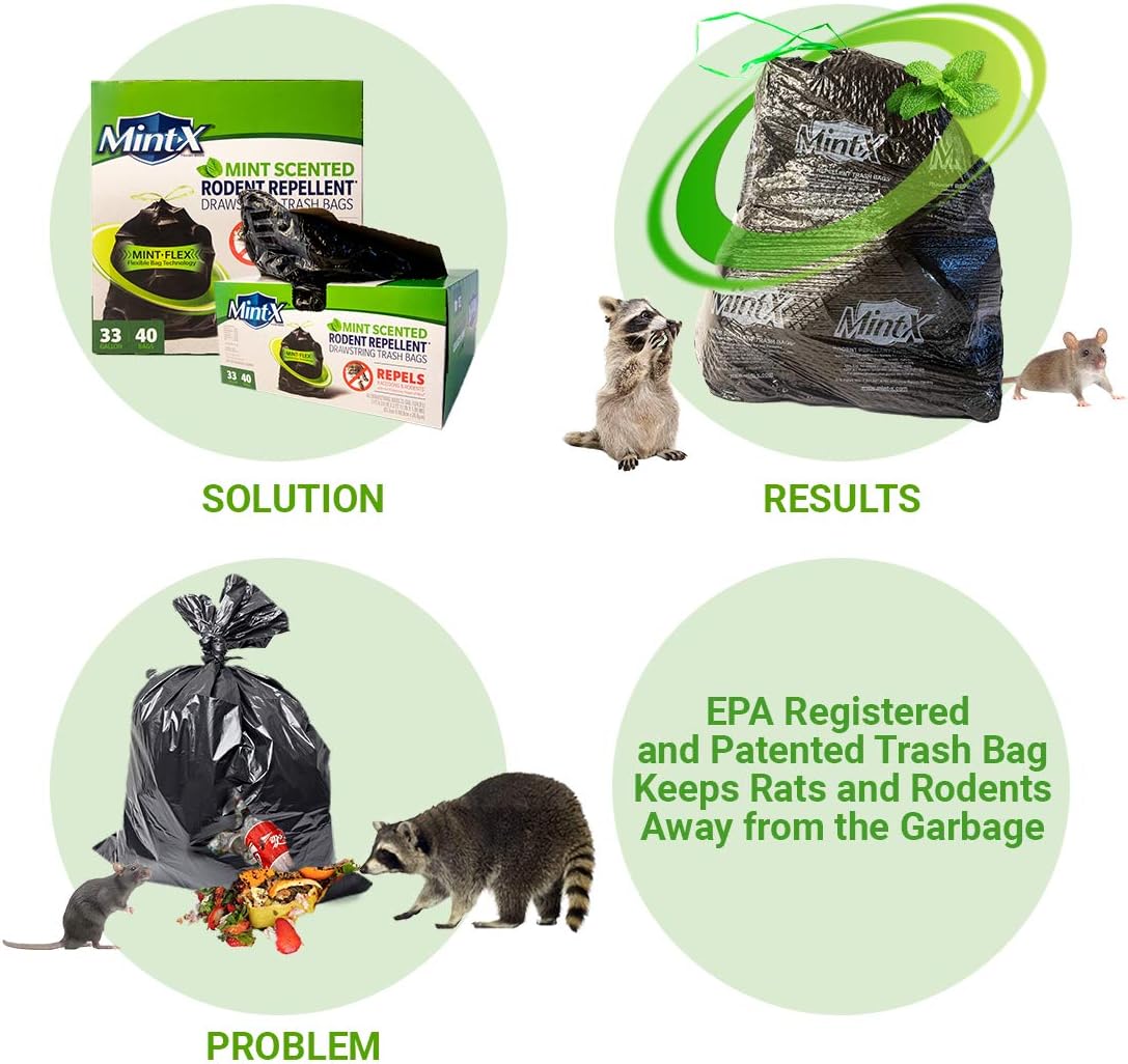 Mint-X Rodent Repellent Outdoor Home and Industrial Trash Bags with Drawstring & Mint-Flex Technology; 33 Gallon, 40 Count, Black