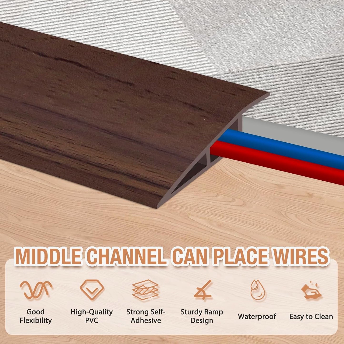Floor Transition Strip Self Adhesive Vinyl Door Threshold for Doorways Carpet Edging Trim Overlap Edge Reducer for Laminate Floor, Carpet, Tile (Deep Brown Wood Grain, 3/5" to 4/5", 3.3Ft)