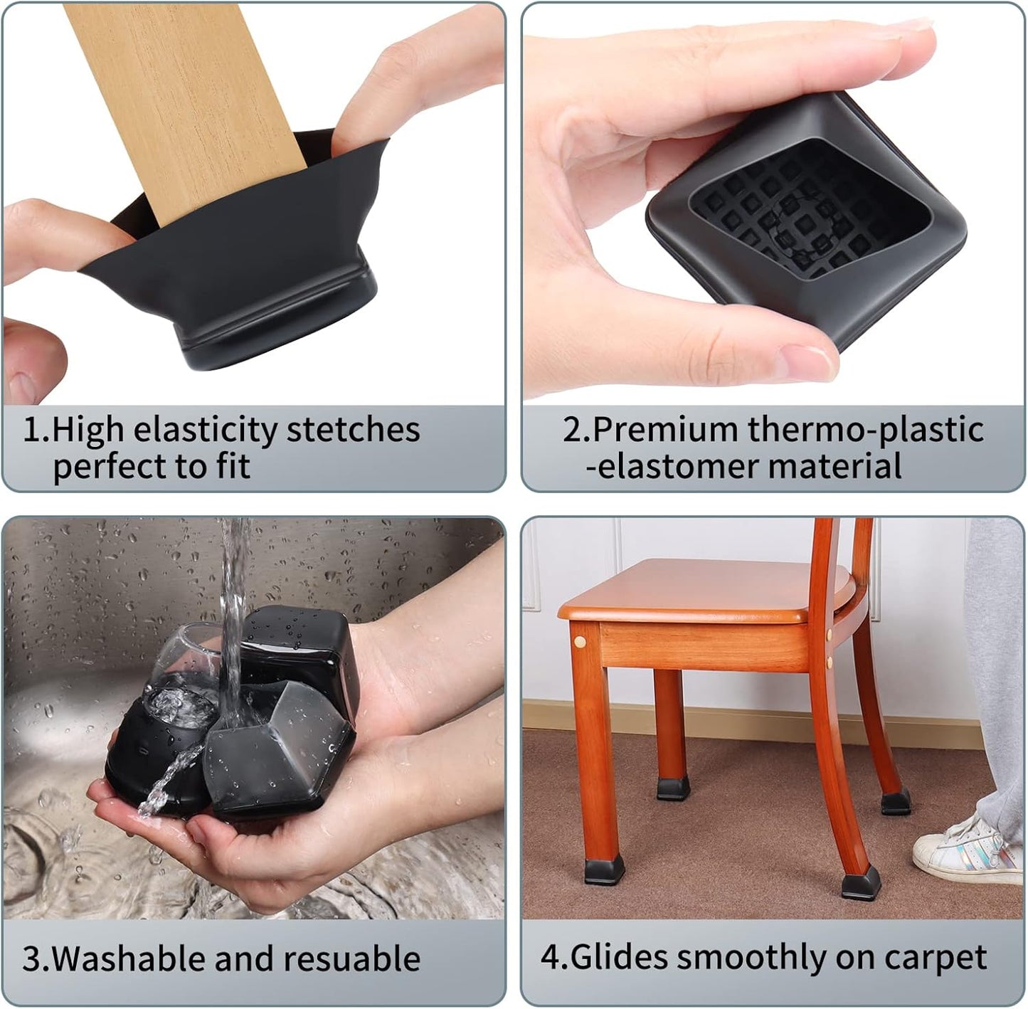 Ezprotekt 8 Pcs Large Chair Leg Sliders for Carpet, Square Black Teflon Furniture Glides Pads Caps for Rug, Bar Stool Leg Protectors Covers for Table, Chair, Sofa Legs (XL Fit: 1.5" - 2")